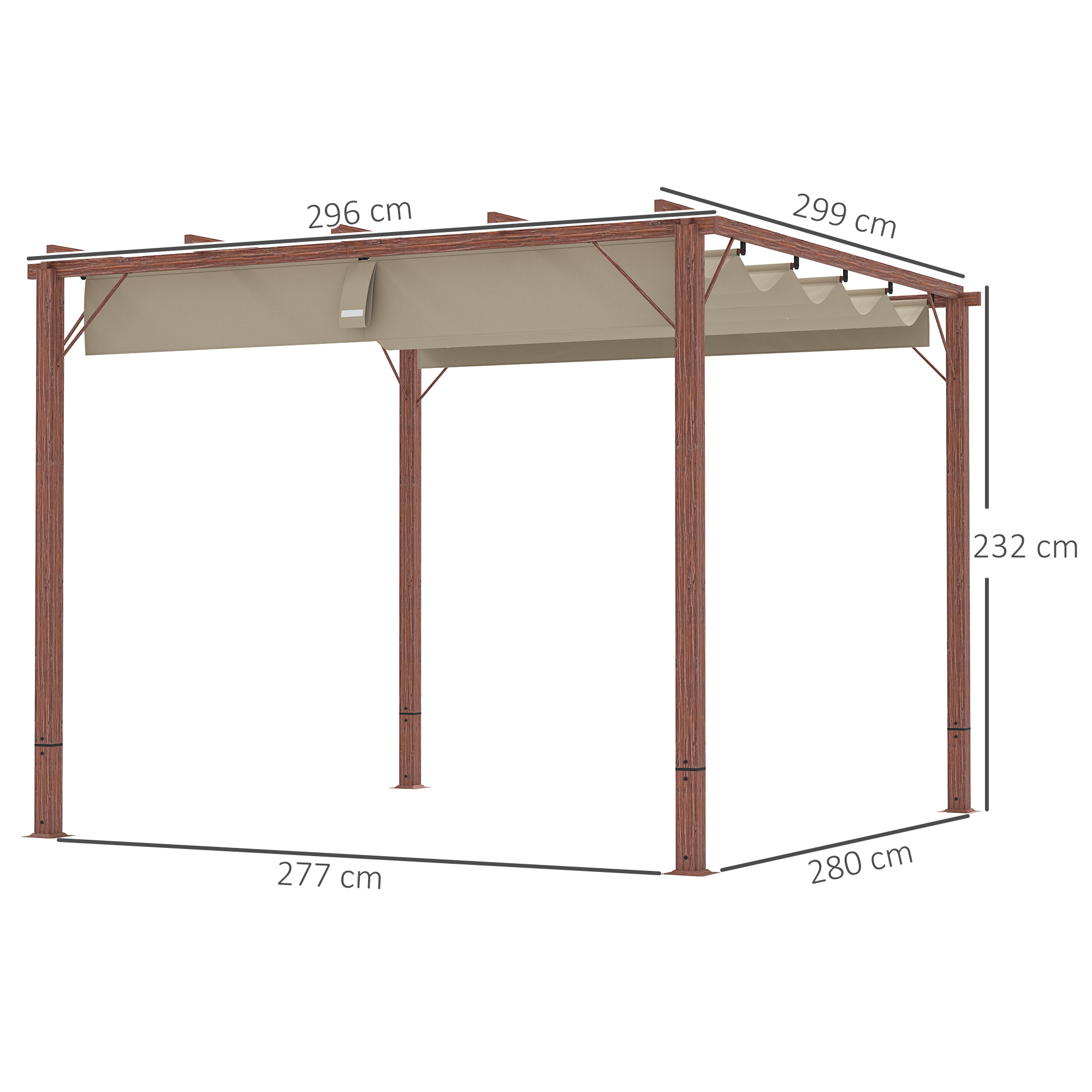Outsunny 3 x 3 m Tuin-Pergola, Verstelbaar Terrasdak, Aluminium Frame, UPF30+ Zonbescherming, Natuurlijk Hout