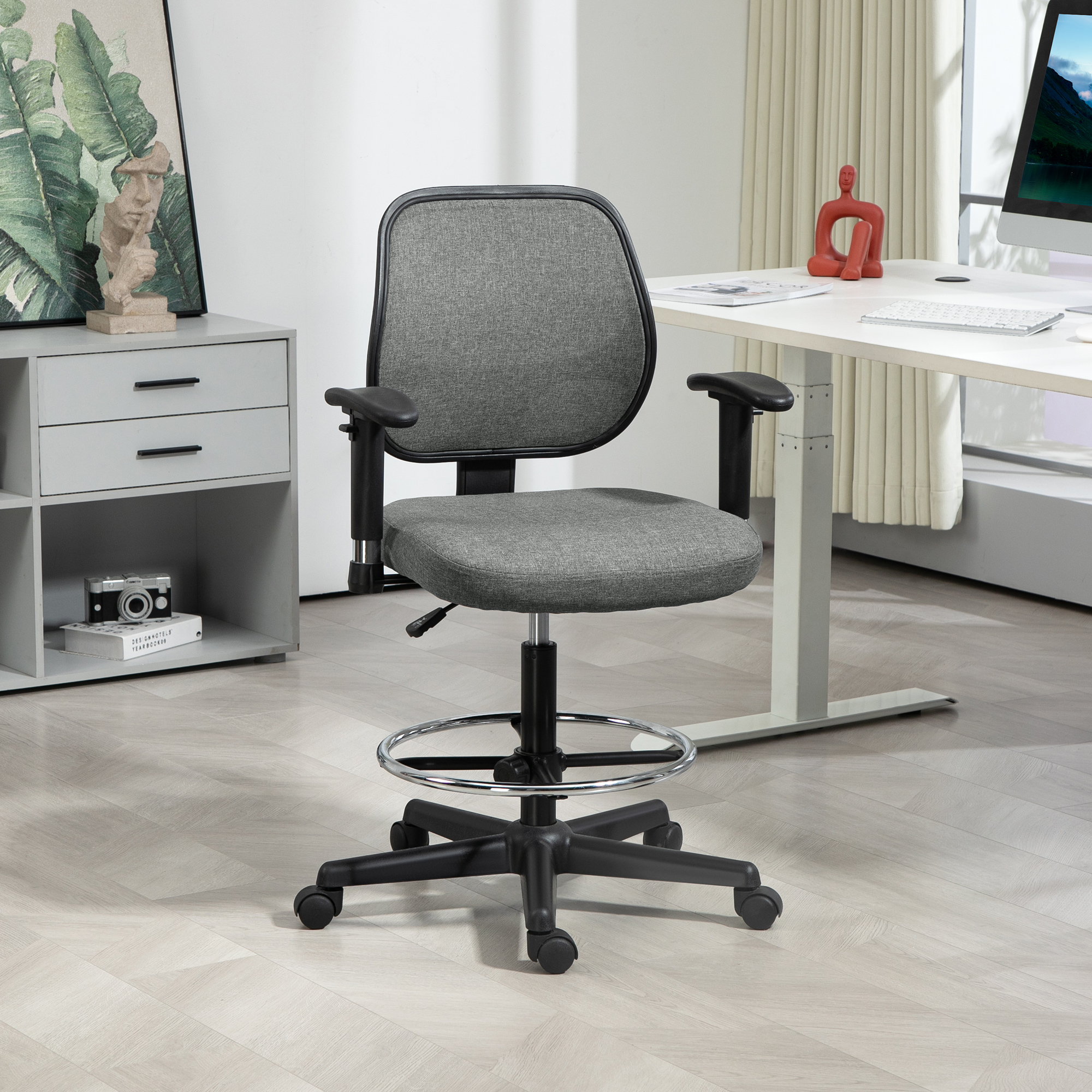 Vinsetto Bürostuhl Hochstuhl mit höhenverstellbarer Sitzfläche, Armlehnen, dim. 60B x 57T x 97-119H cm auf Rollen, Grau