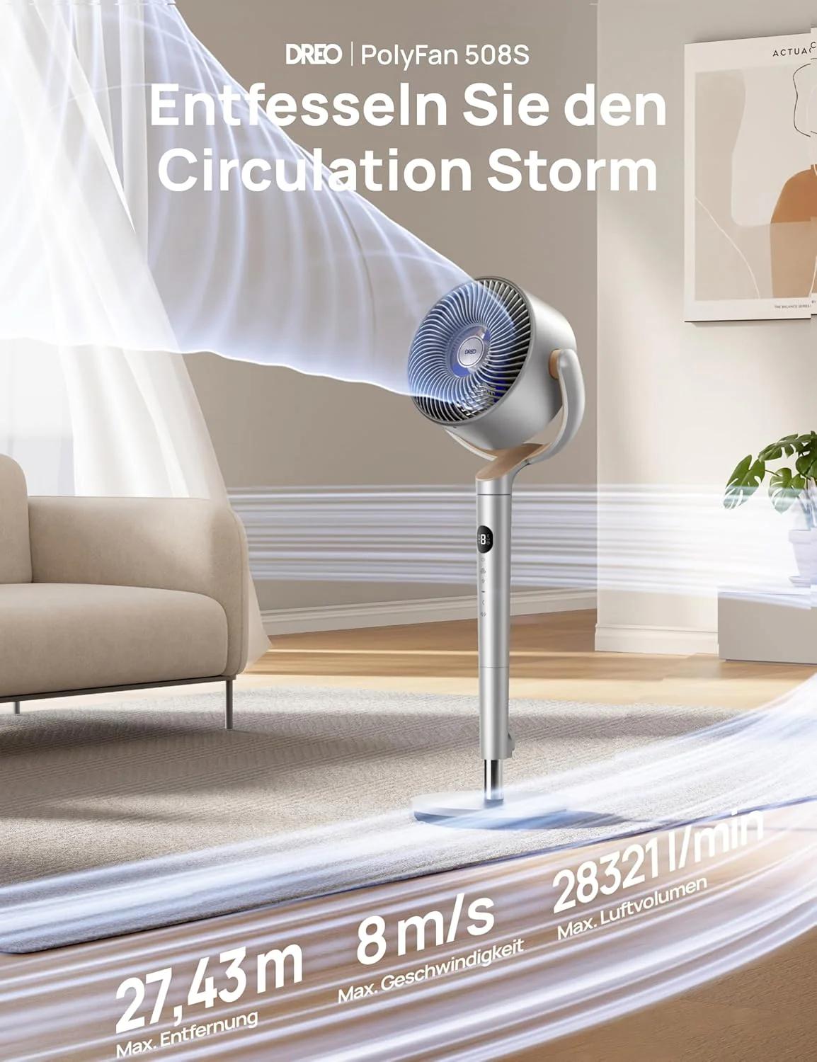 Dreo Slimme Staande Ventilator met RGB-licht, 120 +120 Oscillerende Ventilator met Afstandsbediening, 20dB Stille Vloerventilator voor Slaapkamer, 8H Timer, Zilver