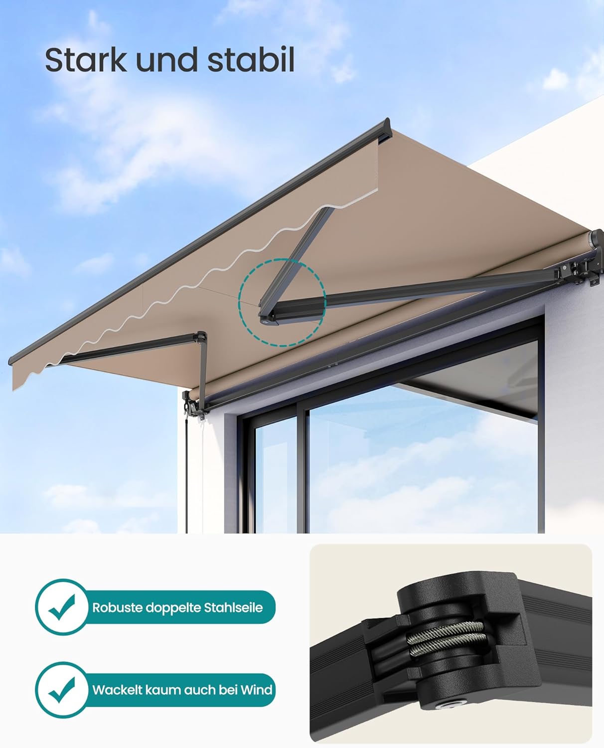 SONGMICS Gelenkarmmarkise, Markise mit Handkurbel, Balkon Sonnenschutz, UPF 50+, Aluminiumlegierung, verstellbar, 300 x 250 cm, gelbbraun GSA306KZ01