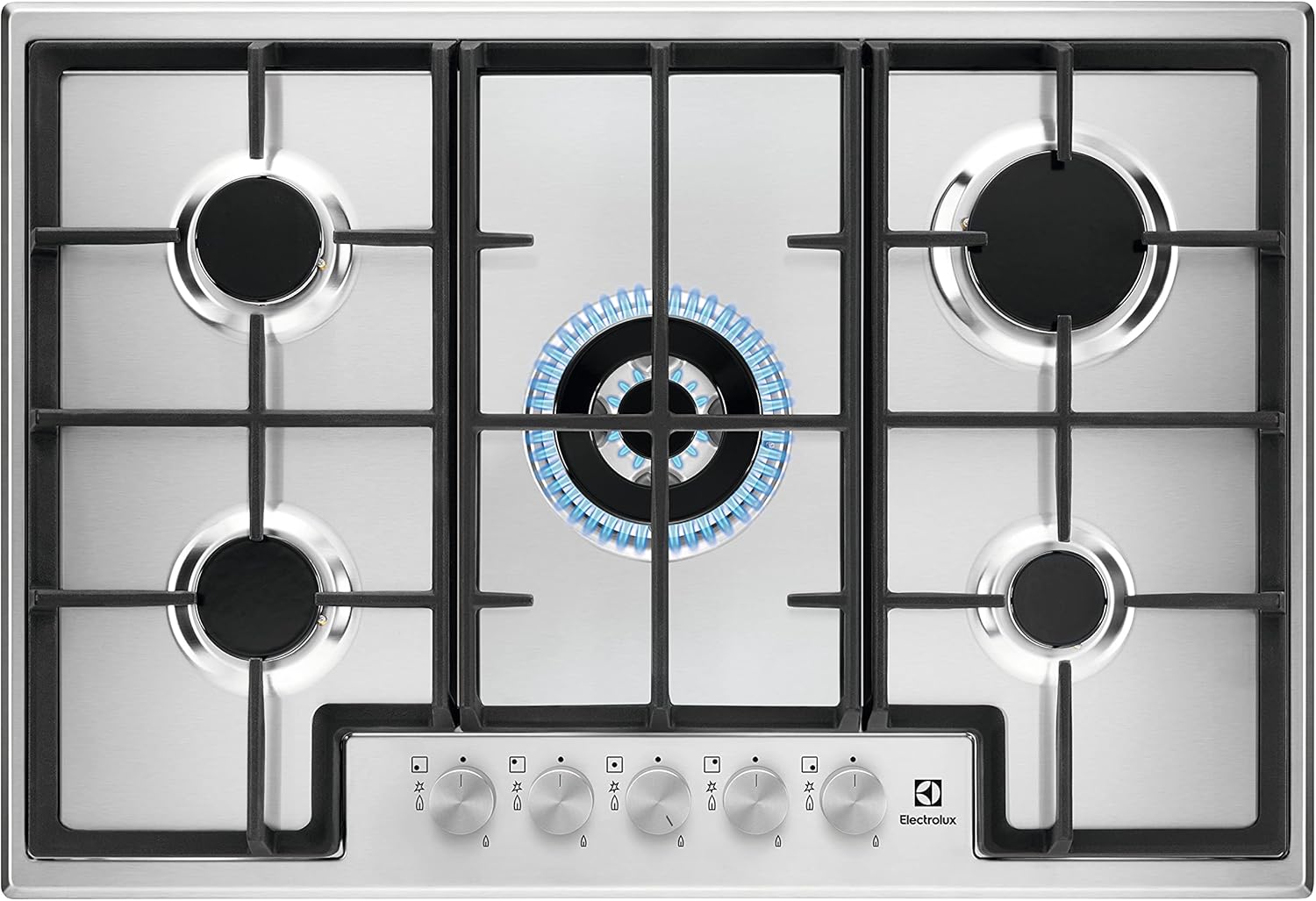 Electrolux Piano Cottura Gas EGG75372K Serie 600, Gas on Glass 75 cm da Incasso, 5 Fuochi, Bruciatore Rapido, Bruciatore Wok, Precisa Regolazione della Fiamma, Sicurezza Sicurgas, 740x510, Nero
