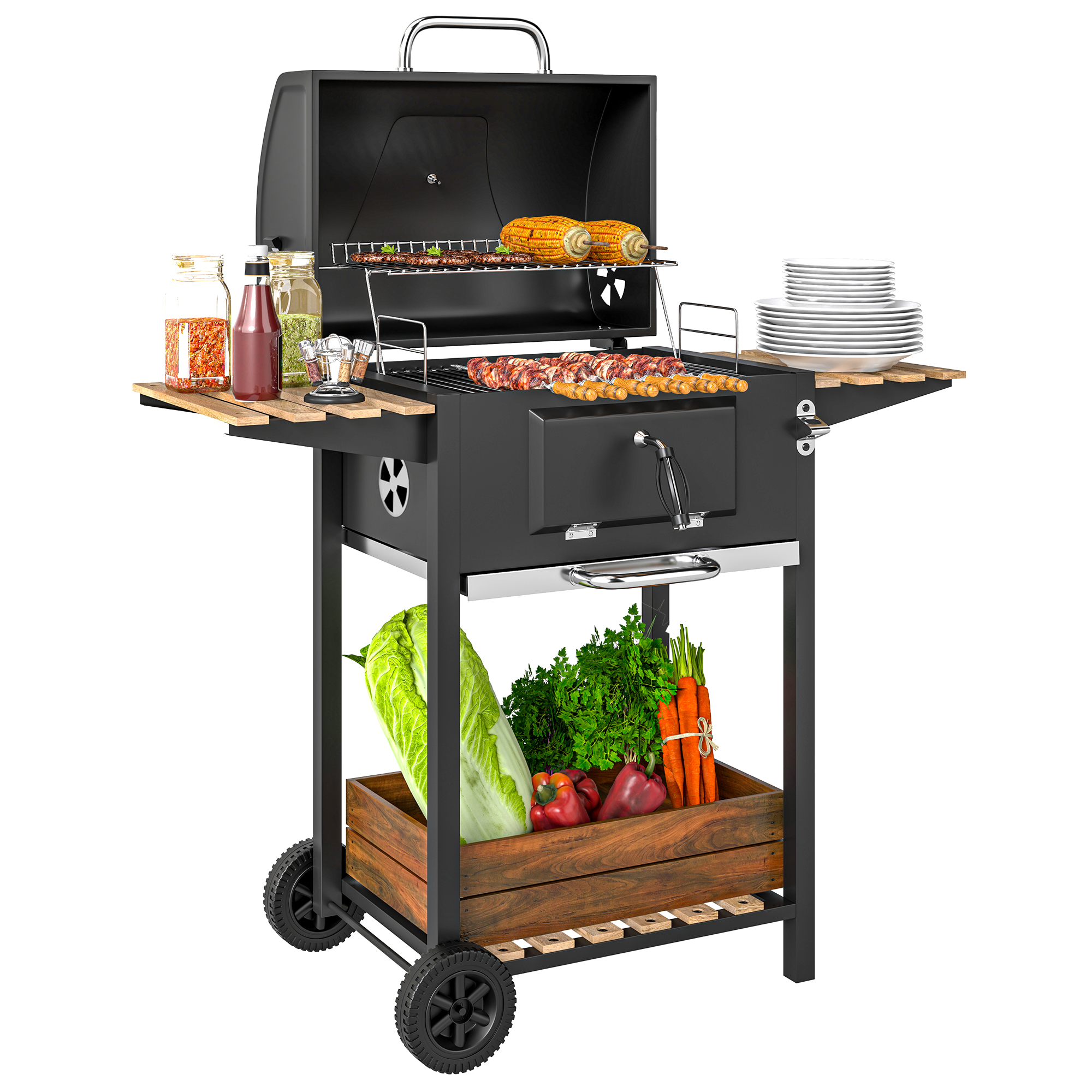 Houtskoolgrill met verstelbare kolenbak, grillwagen, planken, thermometer, flesopener, staal, hout, zwart