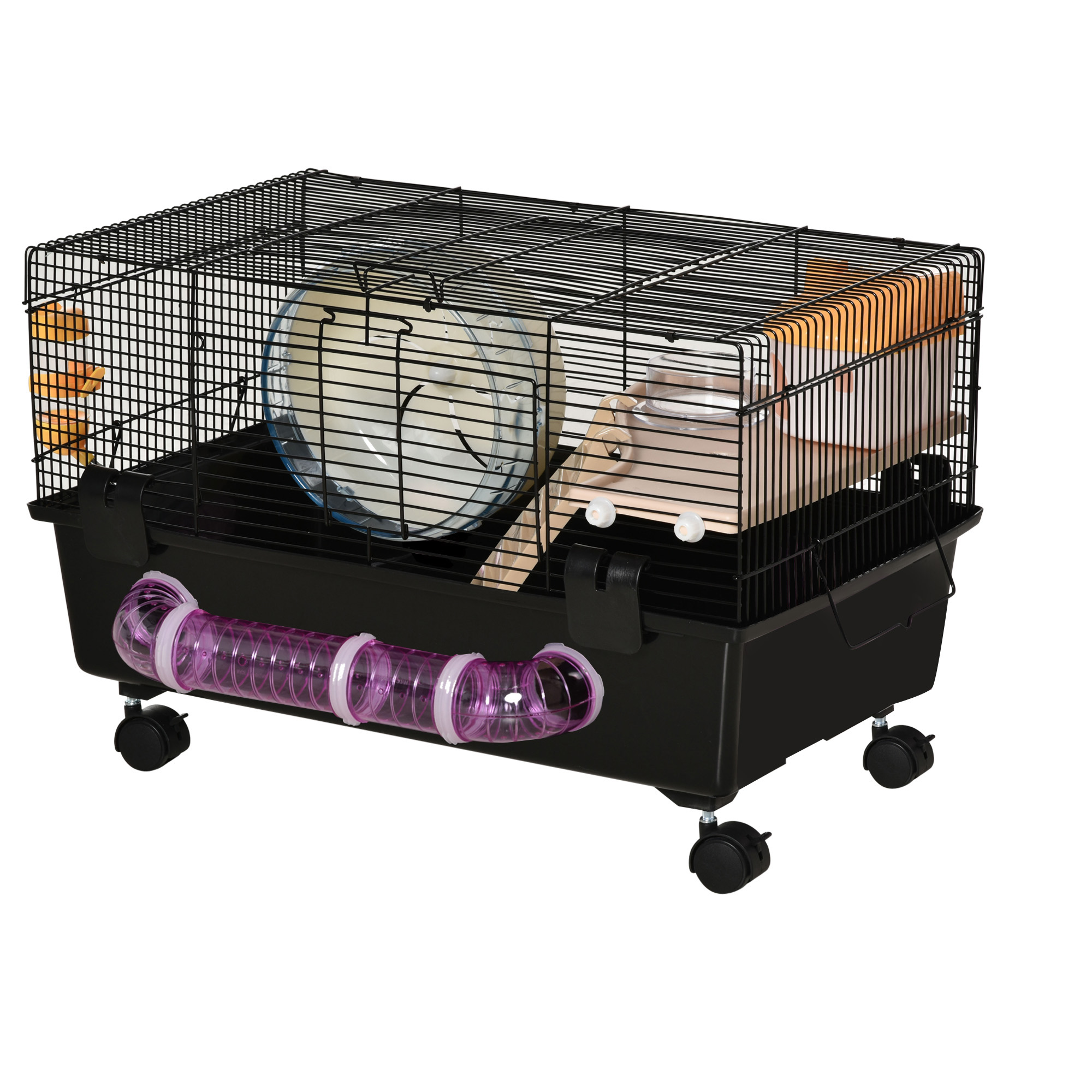 PawHut Hamsterkäfig mit Hamsterhaus, Tunnel und Laufrad, Basis mit 4 Rädern, 60x35x38,5cm, Schwarz und Hellbraun