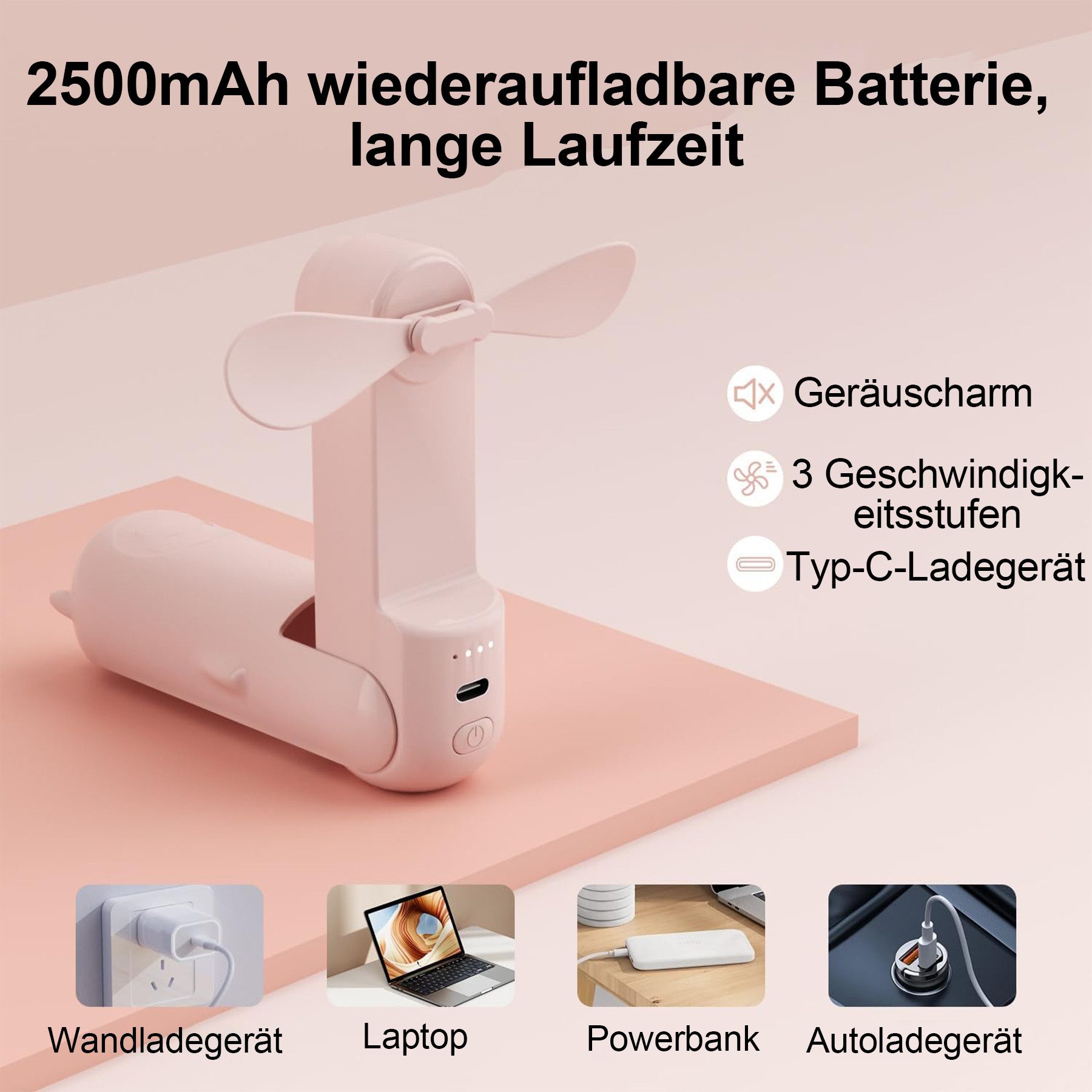 Mini USB-Ventilator Mini Handventilator 3 IN 1tragbarer, mit 2500 mAh Powerbank USB Akku