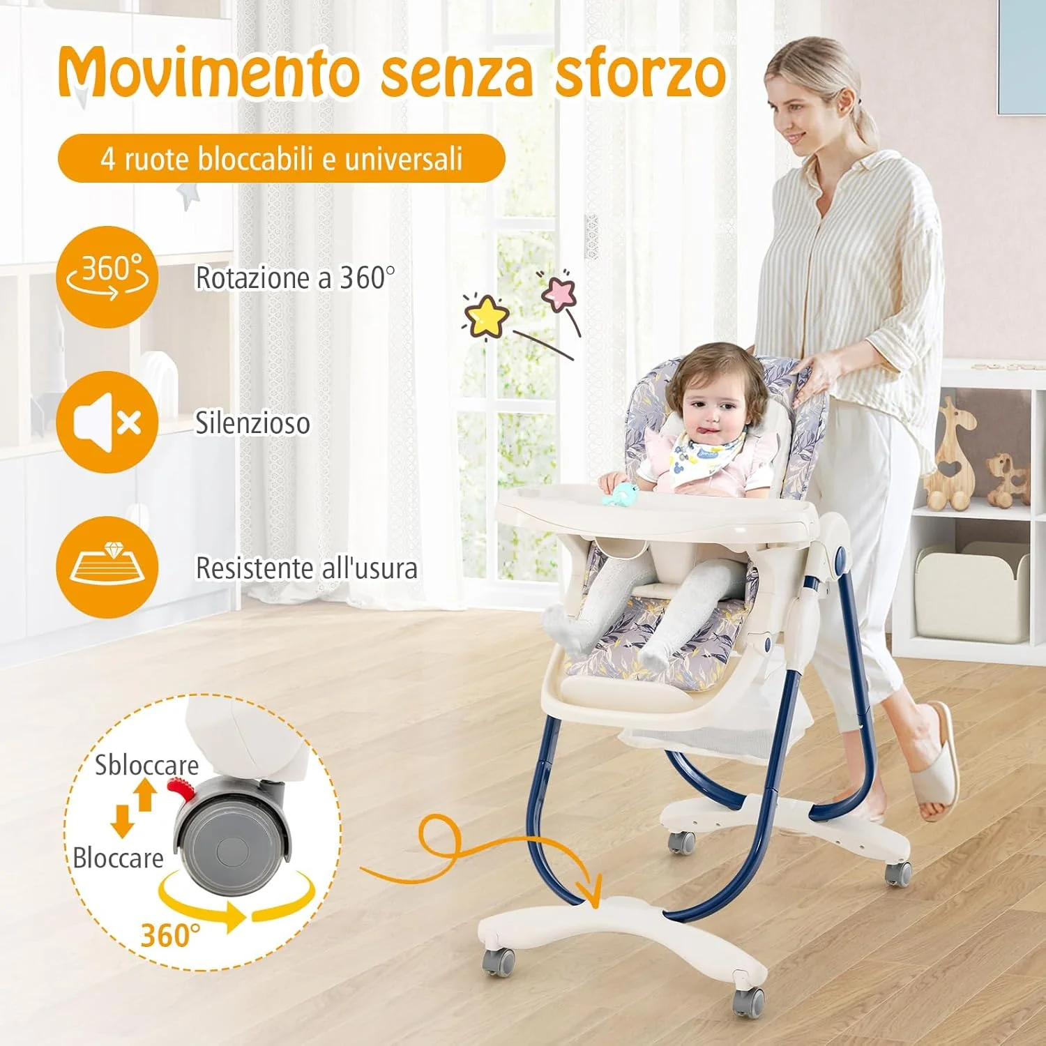 Seggiolone Pappa per Bambini e Neonati, Seggiolone Pieghevole Multifunzione con Ruote, Altezza Regolabile, Poggiapiedi e Schienale, Vassoio Rimovibile, per 6-36 Mesi (Blu)
