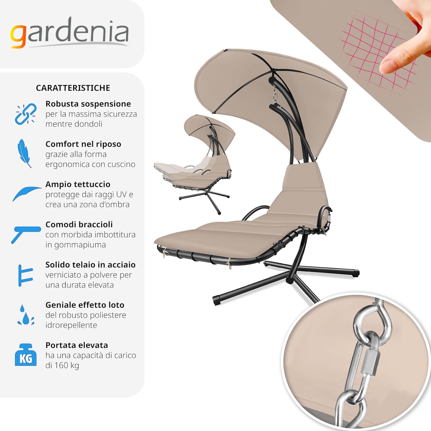 Gardenia Amaca Poltrona Sdraio Sospesa a Dondolo con Parasole Kelly Beige