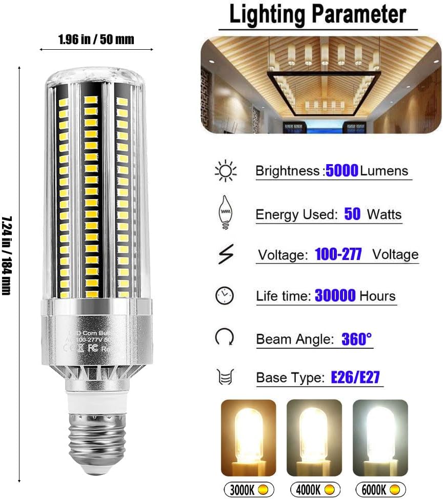 E26/E27 LED-Leuchtmittel, kommerzielle Glühbirnen mit hohem Lumen, eingebauter Lüfter, 50 Watt, 5000 lm, 360° Abstrahlwinkel, 3000 K 6000 K AC 100 V ~ 277 V (10er-Pack)