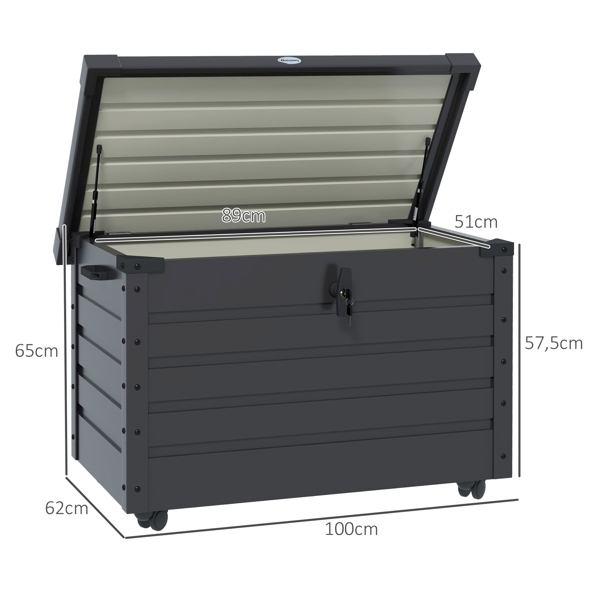 Outsunny Buiten Opbergbox Tuinkist Kussenbox, weerbestendig, 4 Wielen, 100 cm x 62 cm x 65 cm, Donkergrijs