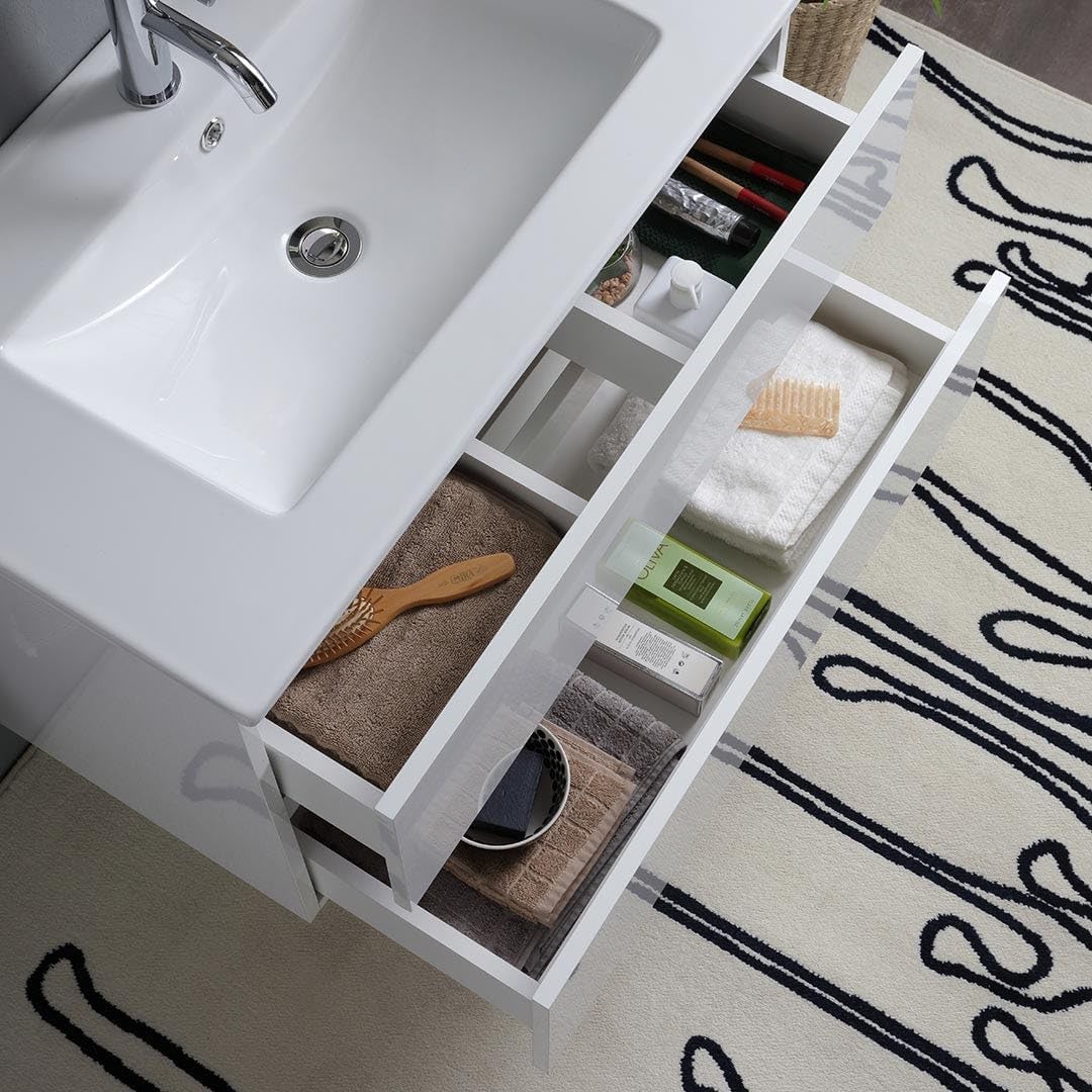 Kiamami Valentina - Mobile bagno sospeso bianco lucido 80 cm 2 cassetti, specchio con lampada | Benaco