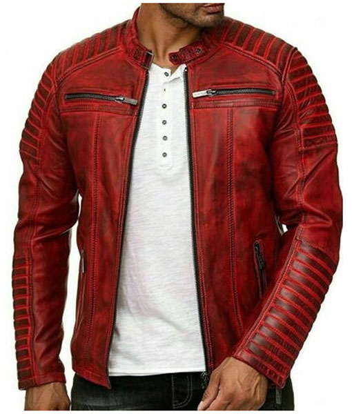Mens Red Leather Biker Jacket