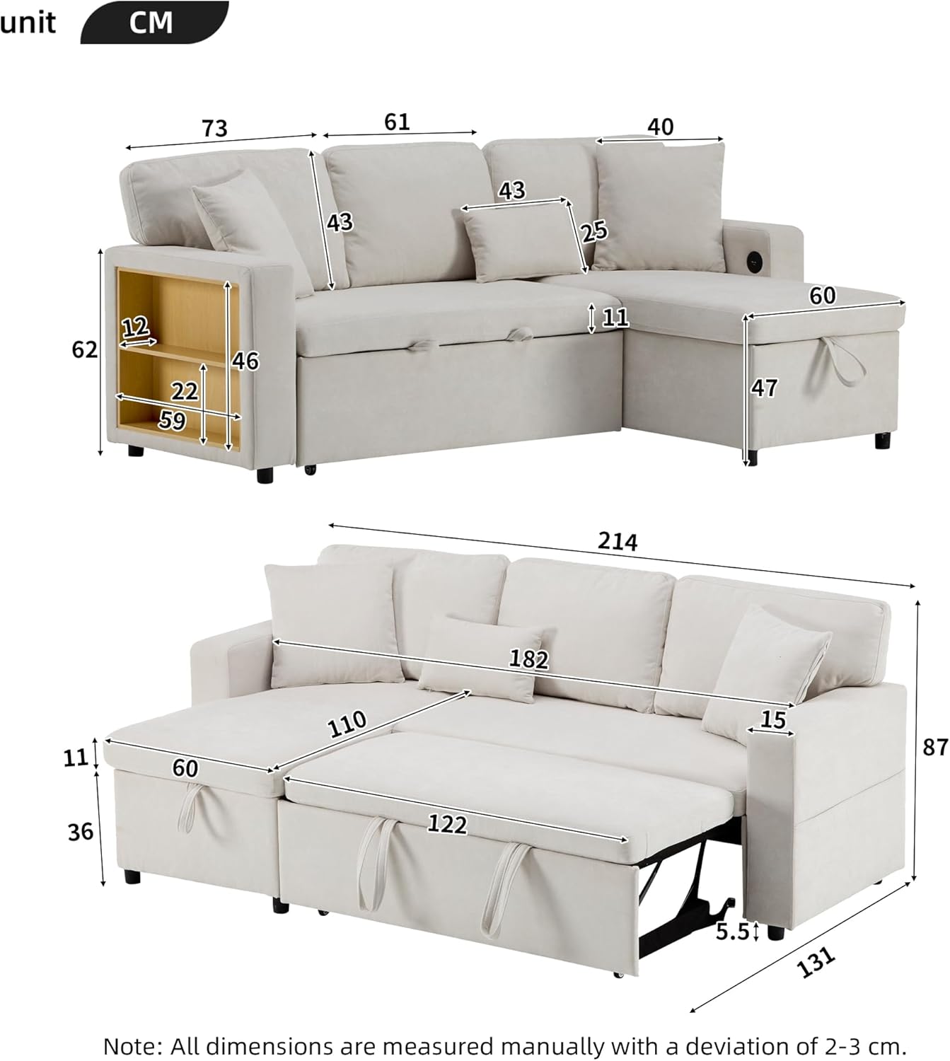 Goeria Divano ad angolo, divano ad angolo, a forma di L, allungabile, ripiano integrato e cassetta del letto (beige)