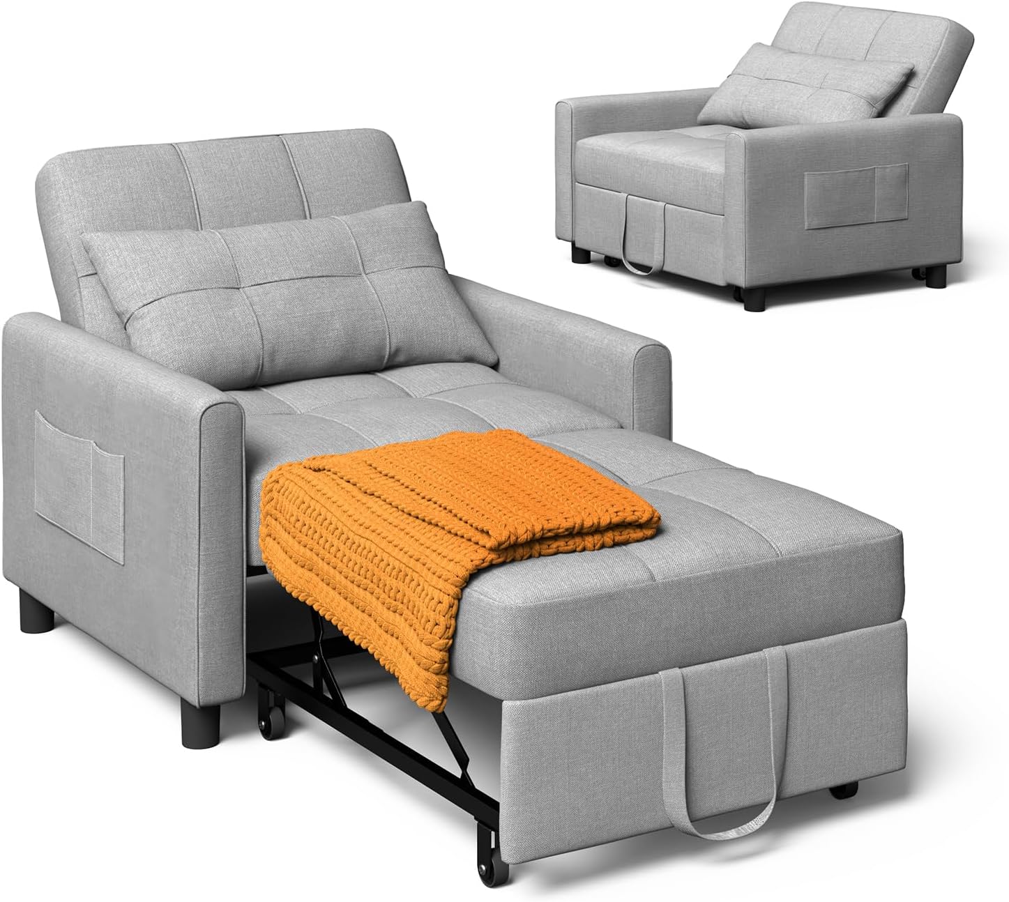 Xbro Fotel Do Spania 3 w 1, Rozkładana Sofa z Funkcją Łóżka, Regulowane Krzesło z Poduszką i Kieszenią, Wielofunkcyjny Fotel na Małe Przestrzenie, Akademiki, Biura