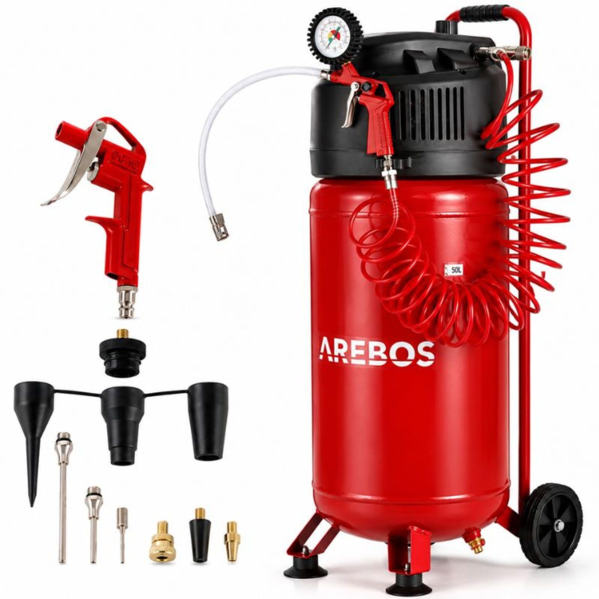 Arebos 50L Druckluftkompressor 1500W 10 bar stehend 240 L pro Minute ölfrei 13 tlg Zubehör Abschaltautomatik