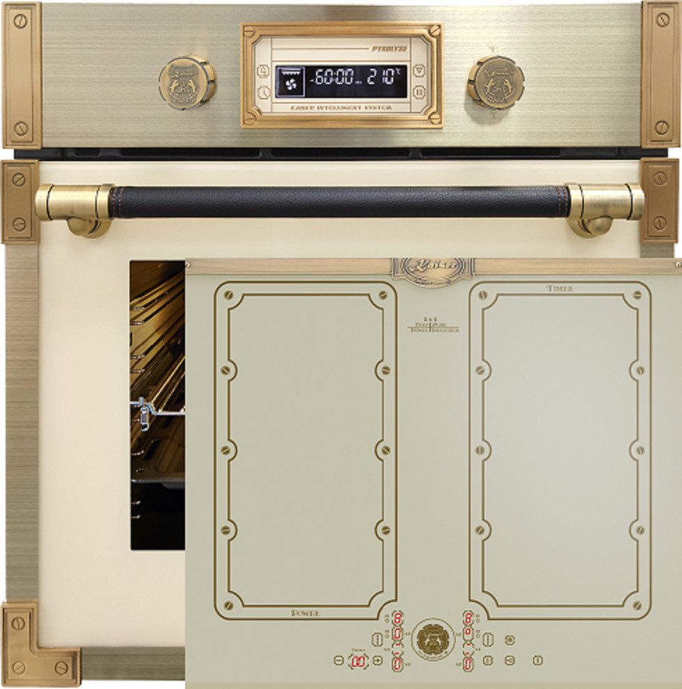 Backofen-Set Herd Set Autark Retro Pyrolyse Einbau Backofen 73L Elfebeinfarbiges Glas 60 cm mit Induktionskochfeld 60 cm FREE ZONE mit 2 FLEX Induktions-Zonen EH 6427 ElfAD+KCT 6192 FI ElfEm