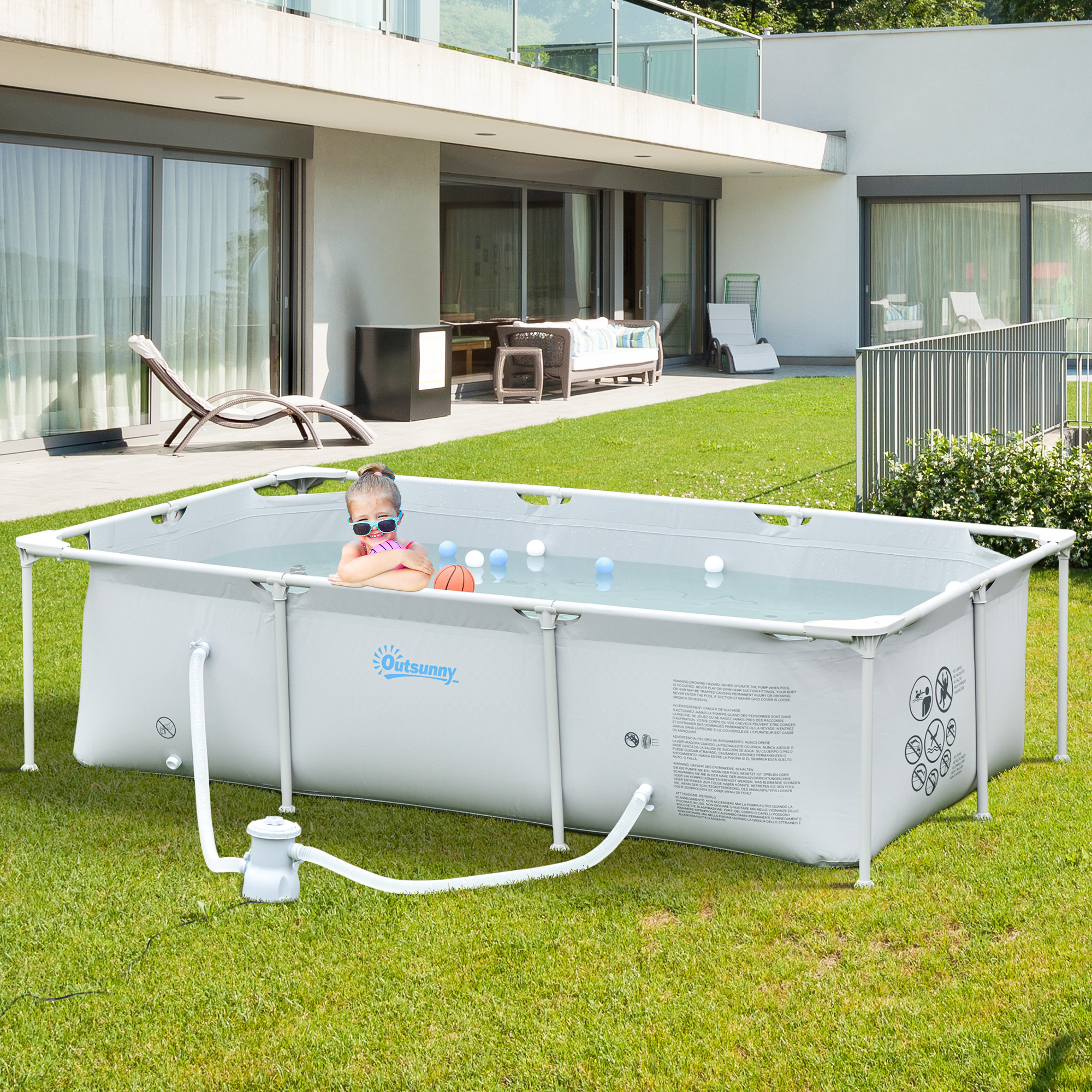 Outsunny Rechteckiger oberirdischer Stahlrohrpool mit Filter 252L x 152B x 65H cm Grau