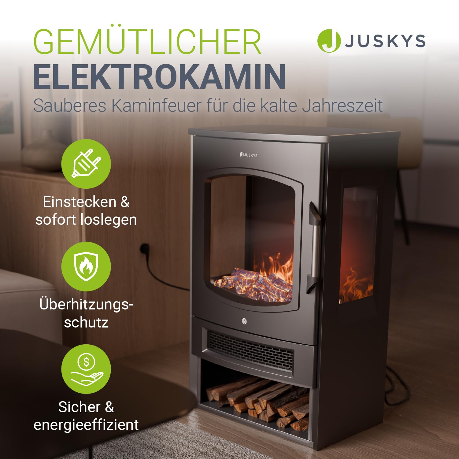 Elektrokamin 1800 W schwarz, freistehender Standkamin mit LED-Flammeneffekt, WLAN- und App-Steuerung sowie Fernbedienung