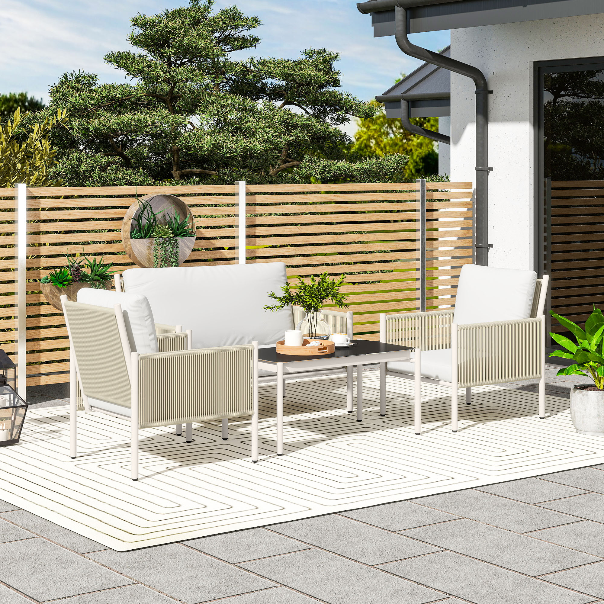 Outsunny Gartenmöbel Set aus Polyrattan Lounge-Set mit 2er Sofa Sessel Glastisch Kissen 4 Personen Braun+Grau