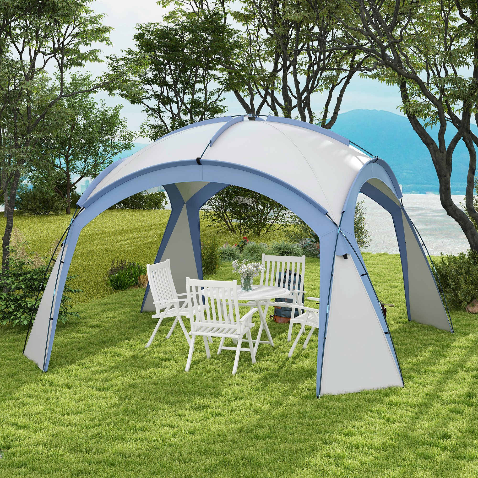 Outsunny Event Shelter 3,5 x 3,5m Pavillon mit Haken Tür Wasserabweisend winterfest Gartenpavillon Hellblau