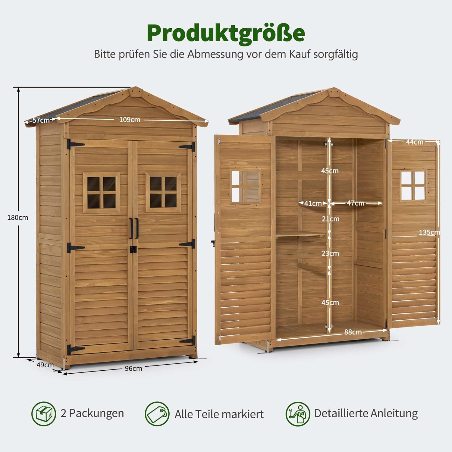 M MCombo casetta da giardino in legno resistente alle intemperie, casetta per attrezzi da esterno, per giardino terrazzo, casetta per attrezzi con 2 ripiani mobili, 57×109×180 cm, 1152 (natura)
