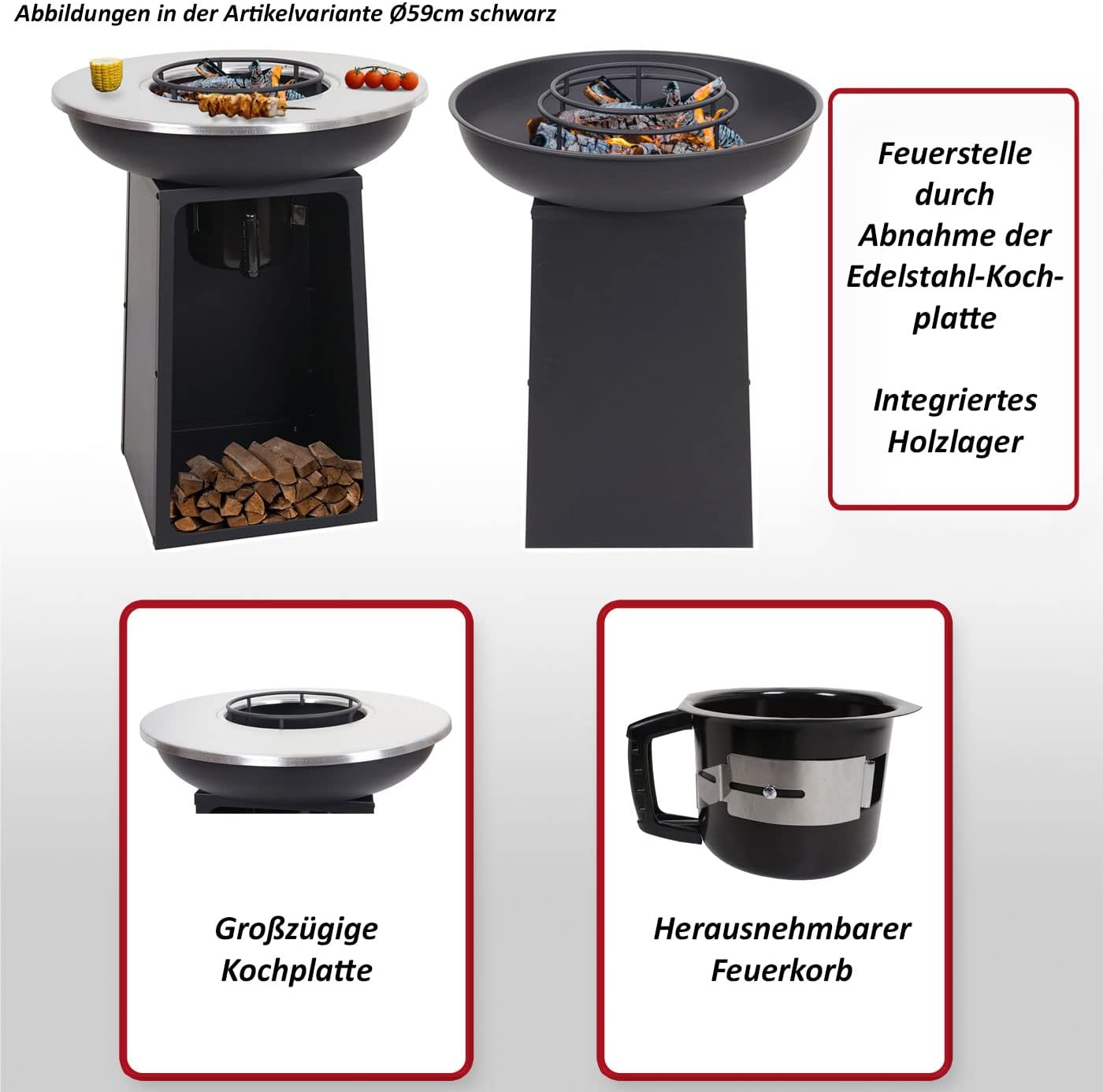 Mendler Barbecue BBQ braciere con Piastra riscaldante HWC-K97 Acciaio Ø 59cm Nero