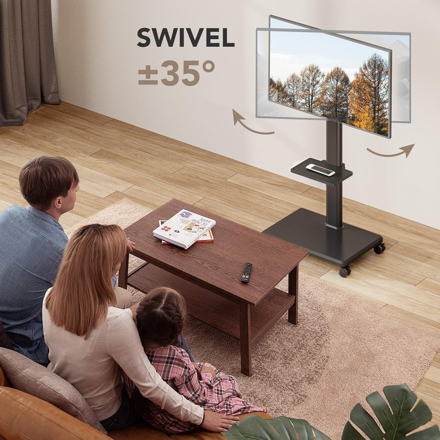 AX WABER Supporto TV da Pavimento Mobile con Ruote, Carrello Portatile per TV da 27 a 65 Pollici, VESA MAX 400x400, Pannello in Legno e 9 Regolazioni, Portata 40 kg