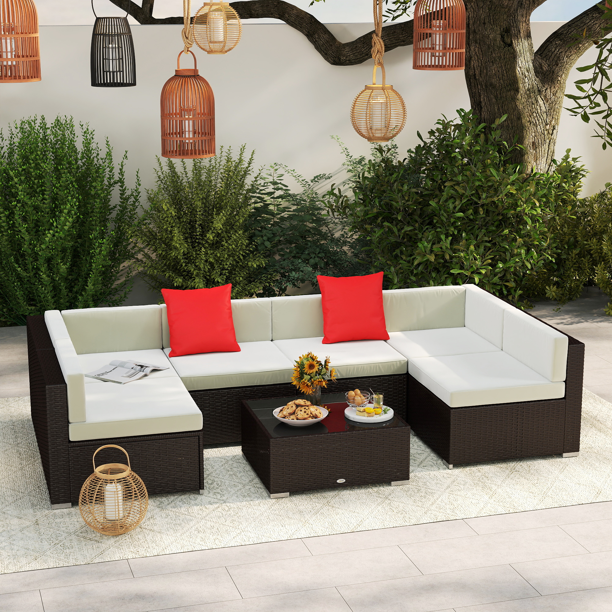 Outsunny Gartenmöbel Set Rattan Sessel Couchtisch 7tlg. mit Kissen Balkon im Freien