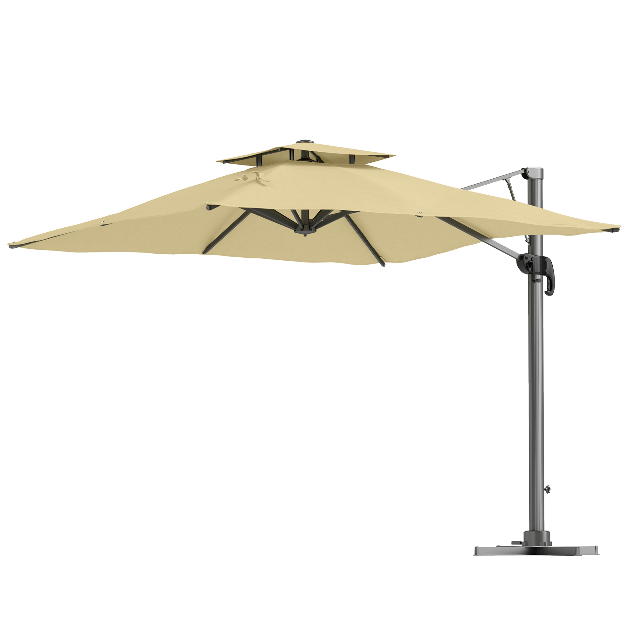 Outsunny Verschiebbarer 3 m quadratischer Schirm mit 360° Drehmechanismus und Hydraulikdach mit doppelter Kreuzbasis aus Aluminium in Beige