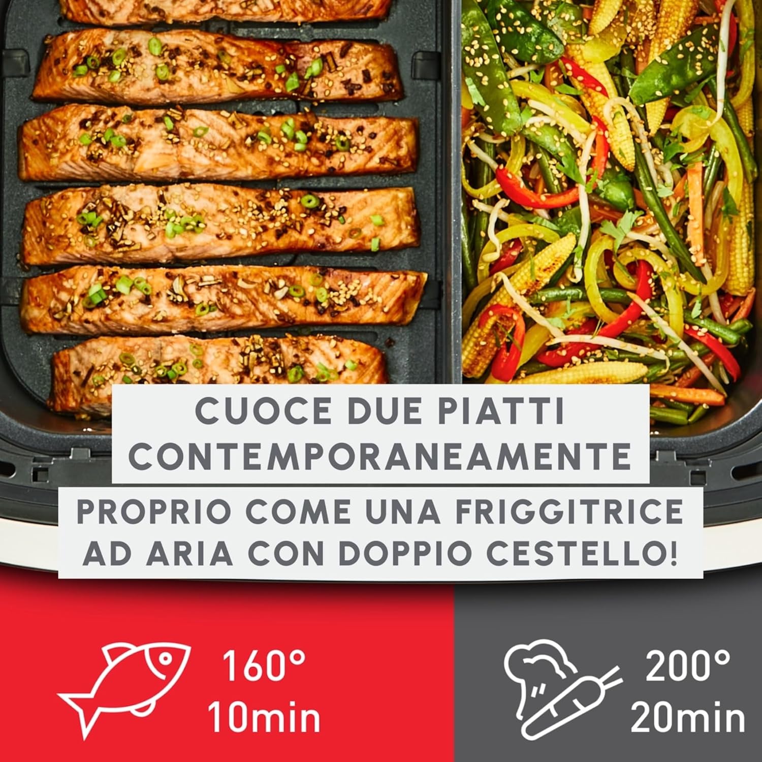 Moulinex Dual Easy Fry Flex Friggitrice ad Aria con Divisore, 2 Scomparti, FlexCook Technology, 2 resistenze superiori, Capacità fino a 9L/2,5kg, 8 Persone, 2700W, 7 Programmi, App My Moulinex, EZ9228