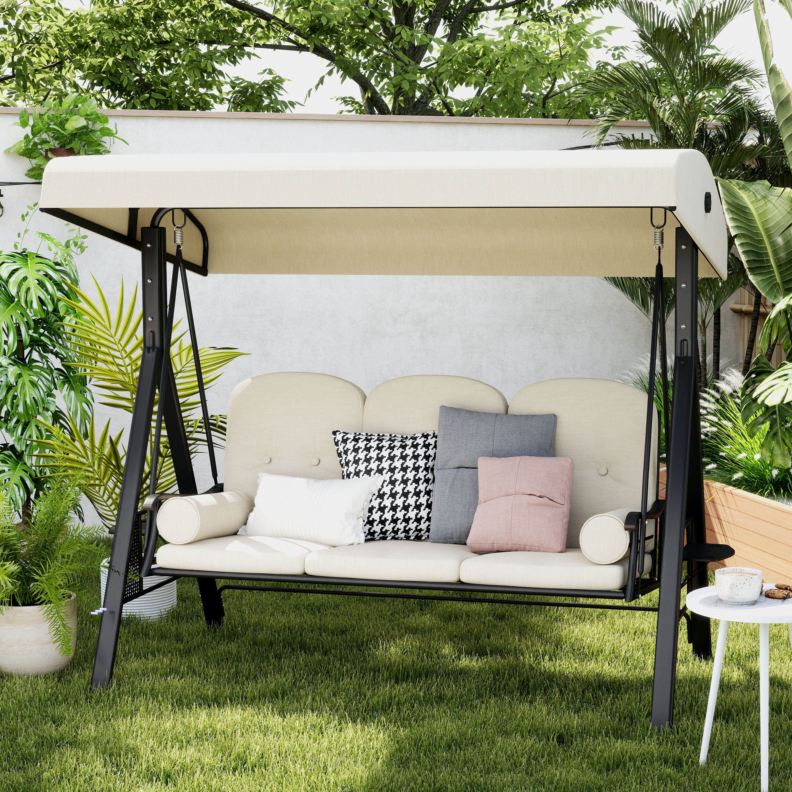 Outsunny 3-Sitzer Hollywoodschaukel mit Sonnendach Beige+Braun 121×208×172 cm