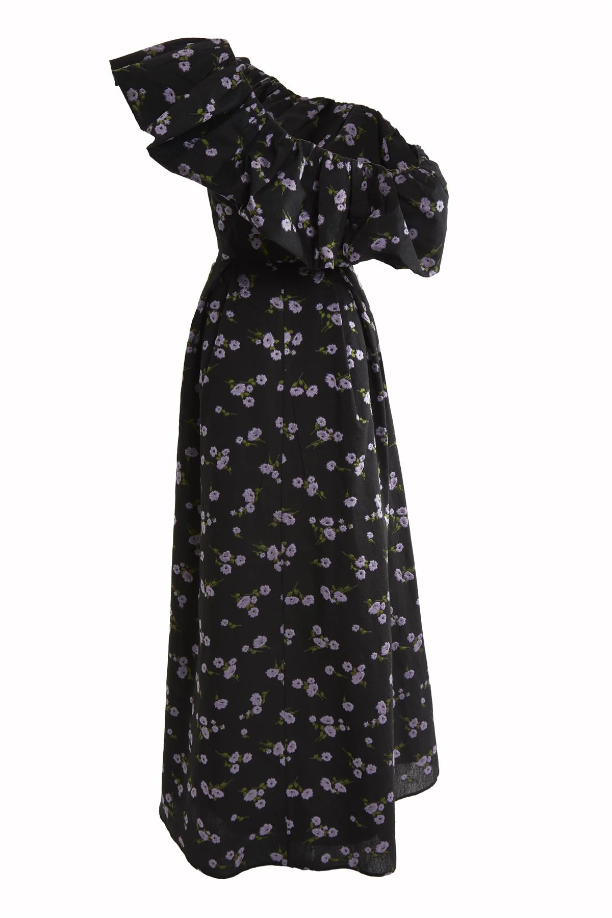 Blake Black-Lilac Brocade Puff One Shoulder Maxi-Dress