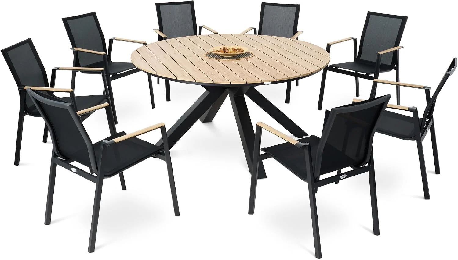 di volio Essgruppe, Schwarz/Natur, Gartenmöbel OZZANO, runder Gartentisch mit Stühlen - Set, für 6-8 Personen, robust & wetterfest