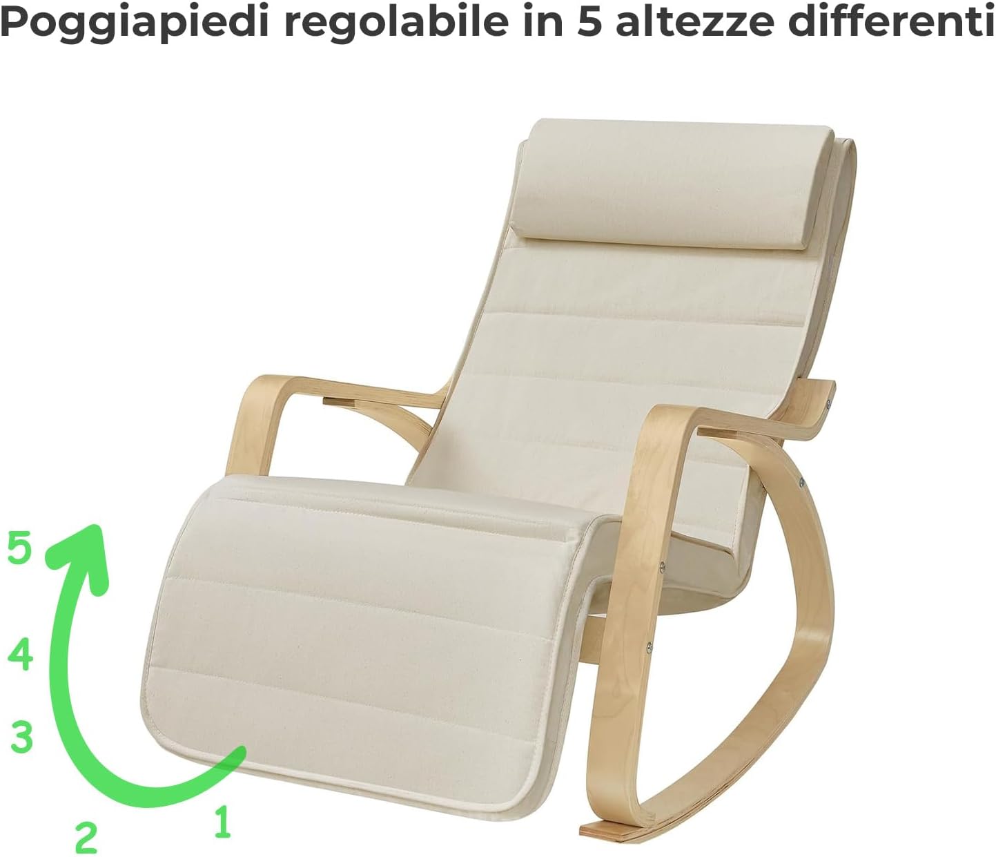 Poltrona A Dondolo Reclinabile In Legno E Metallo Con Poggiapiedi Regolabile 5 Posizioni Seduta Imbottita Sfoderabile Per Balcone Giardino Interno Esterno 121.5 x 55 x 84 Cm Beige