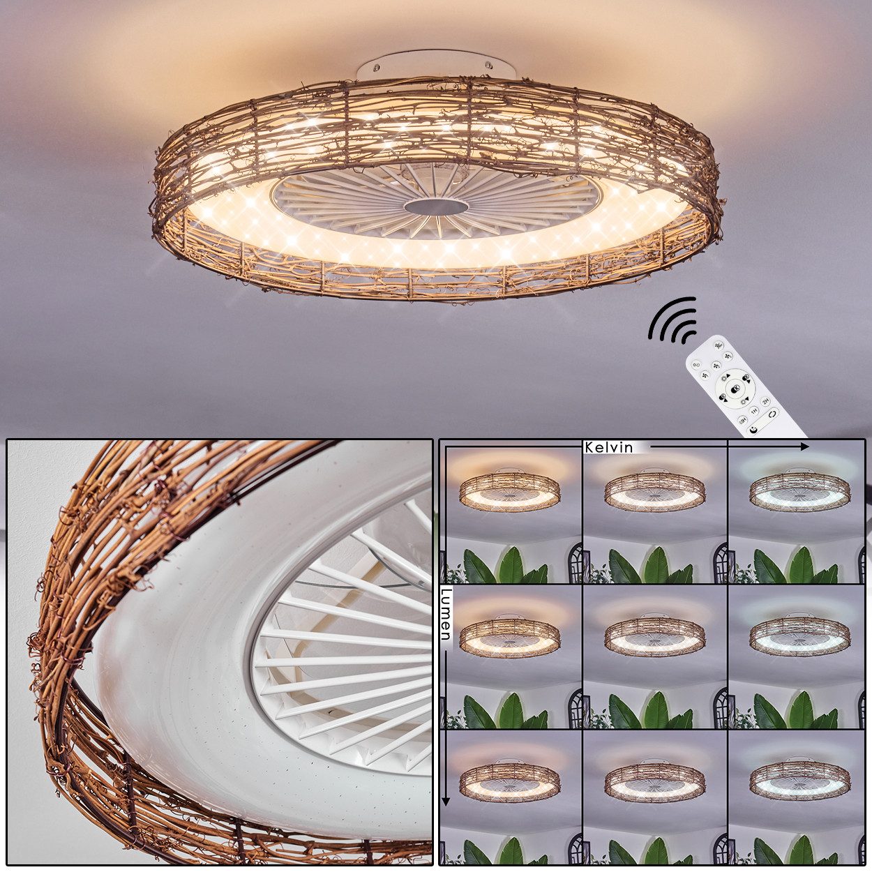 Deckenventilator Ventilator aus Kunststoff/Bambus in Weiß/Natur/Glitzereffekt, Ø 55cm