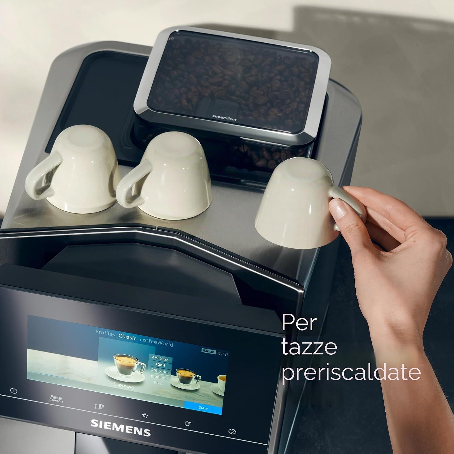 SIEMENS Macchina da caffè automatica EQ900 plus TQ903DZ3, pulizia automatica e decalcificazione, controllo app, display intuitivo, modalità barista, riduzione del rumore, smerigliatrice premiata, 1500
