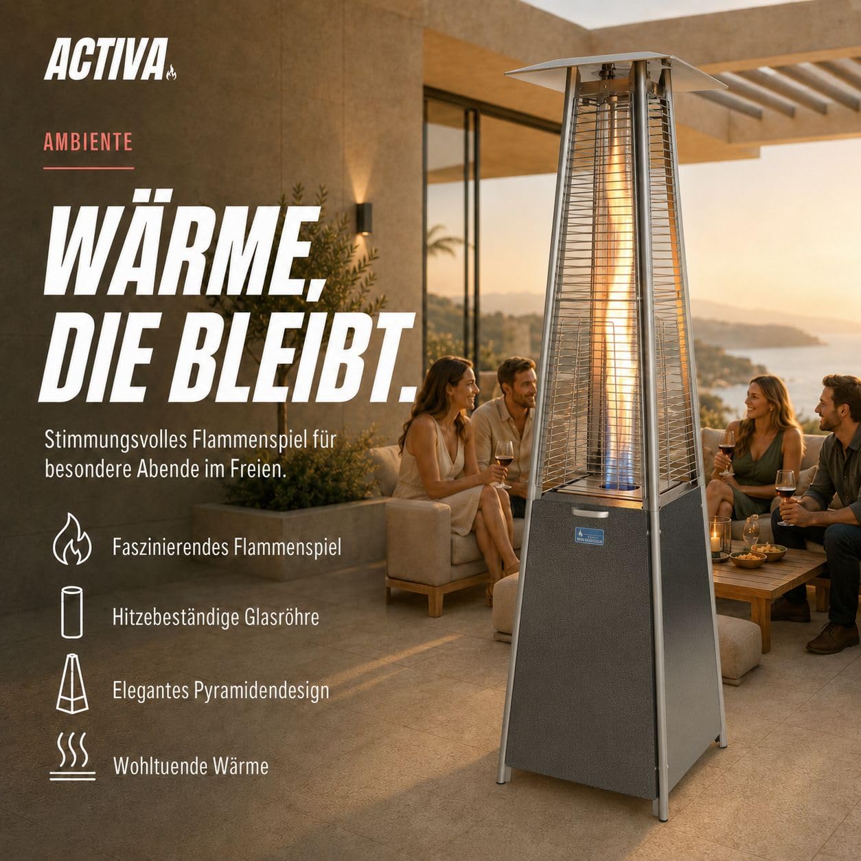 Gasheizstrahler Cheops II für Terrasse mit Flammeneffekt Duran Schott Glaszylinder Piezozündung für 5–11 kg Propan- oder Butangasflaschen