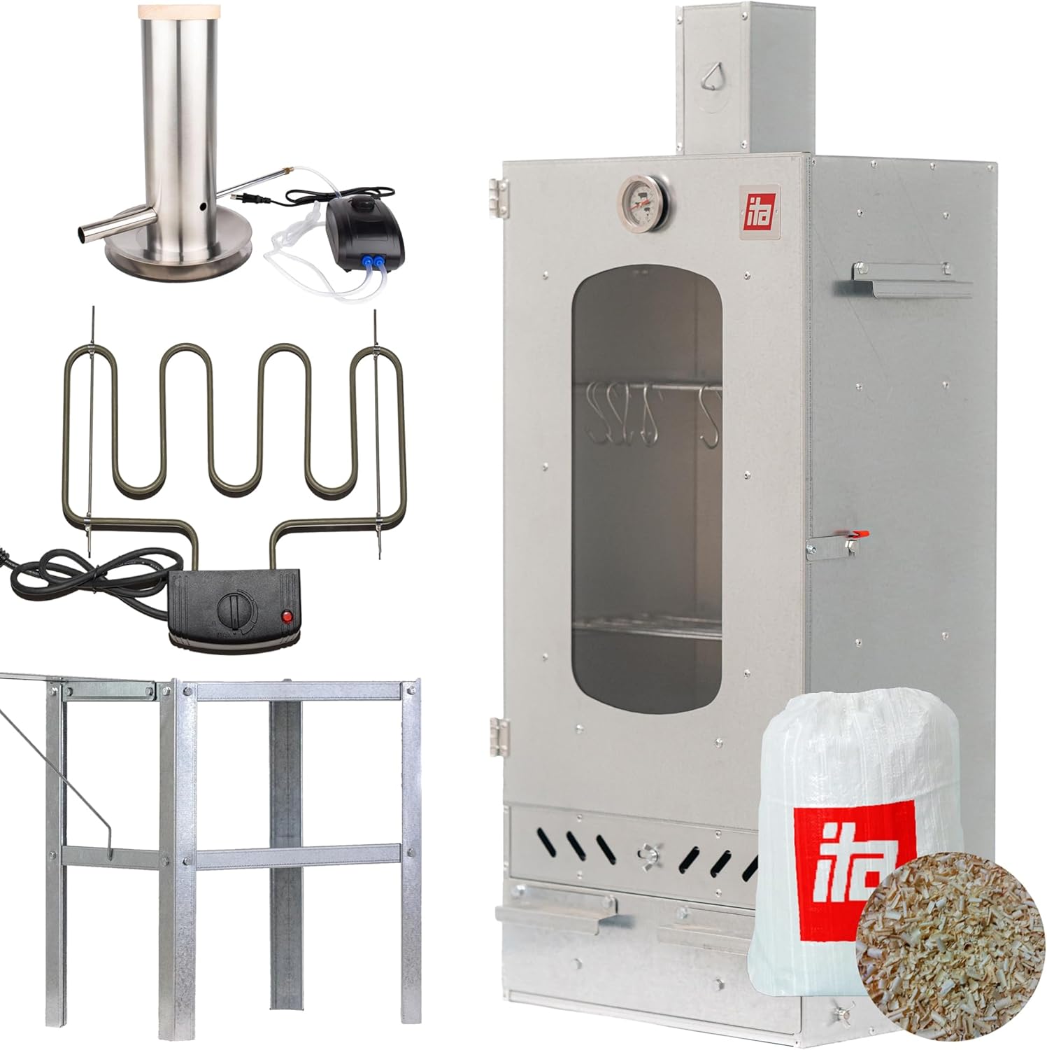 ITA Räucherofen 7012 - Smoker Set mit Rauchgenerator, Heizelement, Tisch & Räucherspänen - Räucherschrank mit 3 Etagen - Legierter Stahl, mit Sichtfenster & Kaminabzug