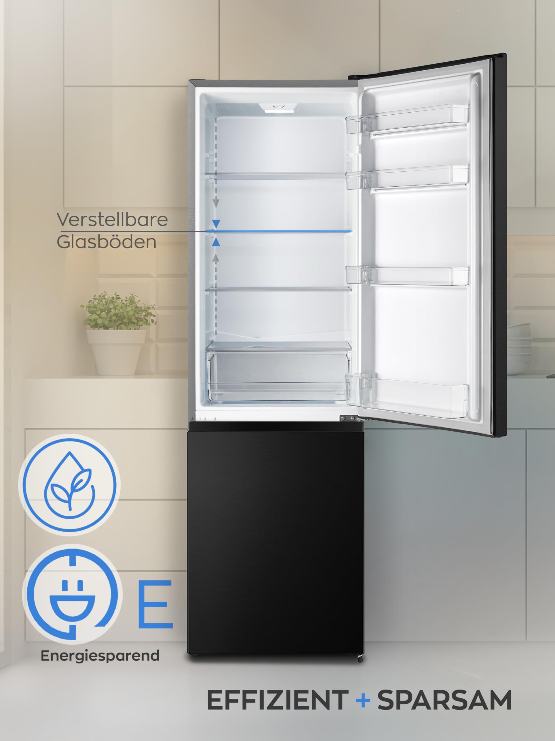 Kühlgefrierkombination 269 Liter 197 Liter Kühlvolumen 71 Liter Gefriervolumen Energieeffizienzklasse E 39 dB LED-Beleuchtung 180 x 55 x 55,8 cm