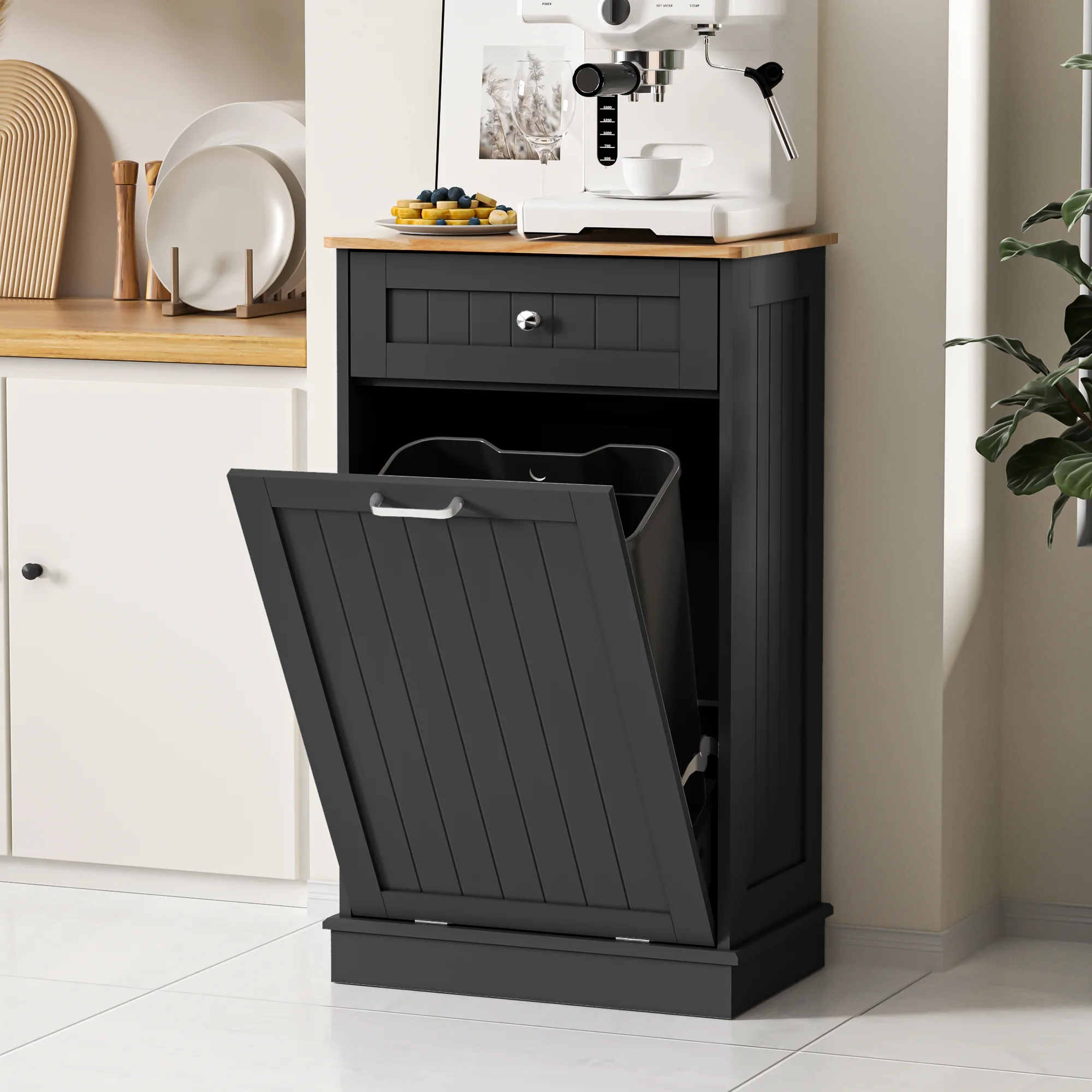 HARIPUL Single Tilt Out Trash Cabinet for 13 Gallon Waste Bin, Free Standing Kitchen Trash Can Cabinet with Drawers, White