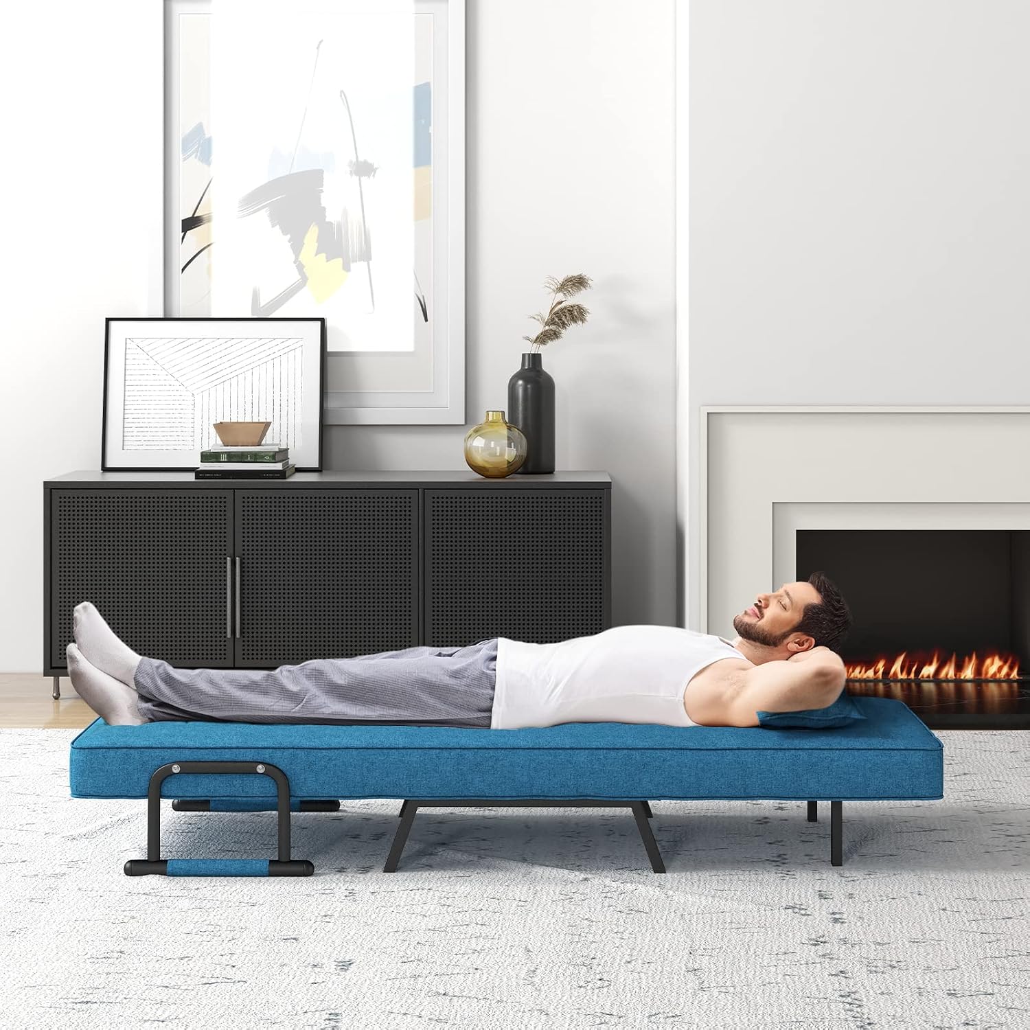 COSTWAY Poltrona Letto, 4 in 1 Poltroncina Pieghevole con Schienale Regolabile in 6 Posizioni, Sedile Imbottito Robusto, Divano Letto Singolo per Casa Ufficio, 79x65x79 cm (Blu)