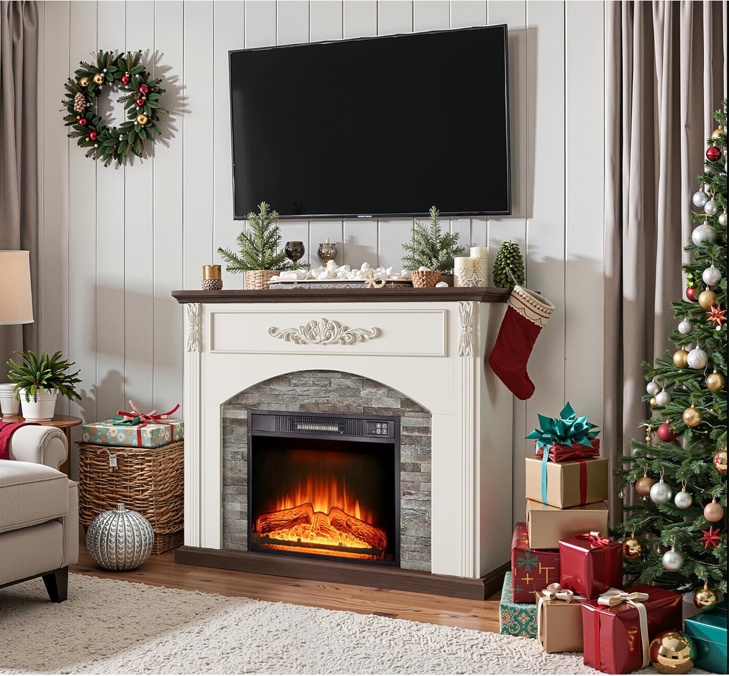 44Inch Electric Fireplace with Mantel, Farmhouse TV Stand with Electric Fire Place Heater, Stacked Stone Surround,White Firebox with 23