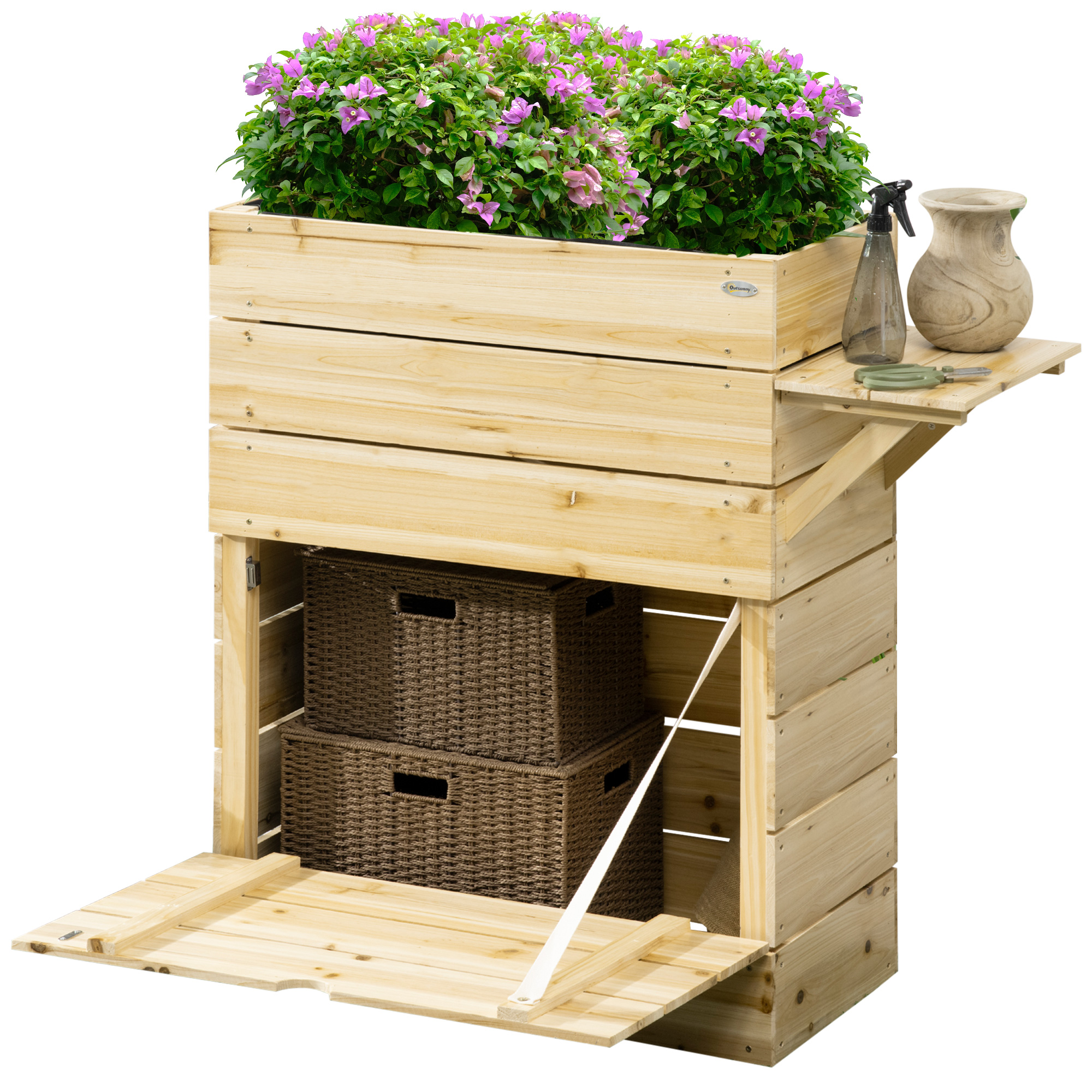 Outsunny Hochbeet mit Klapptisch und Stauraum, lackiertes Massivholz, Innenverkleidung aus Vlies, 105cm x 39,5cm x 105cm