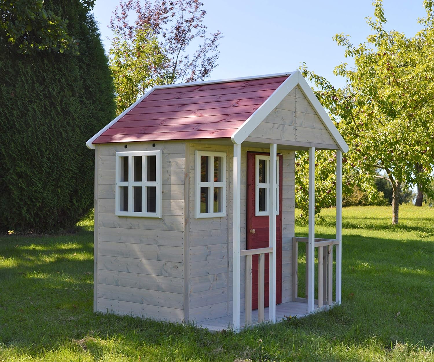 M6 Kinder Spielhaus Holz Outdoor, Gartenhaus für Kinder FSC Holz, 120×120×155 cm, mit Kunststofffenstern, Veranda, Regal, Tür, Kinderspielhaus für Garten, wetterfest, Rot