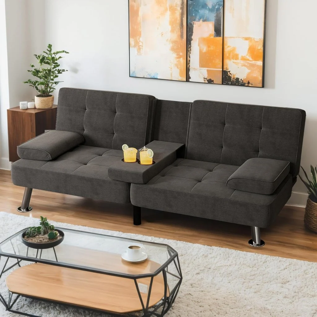 Shahoo Modern Linen Upholstered Convertible Folding Futon Sofa Bed with Removable Armrests, Metal Legs, 2 Cup Holders for Living Room