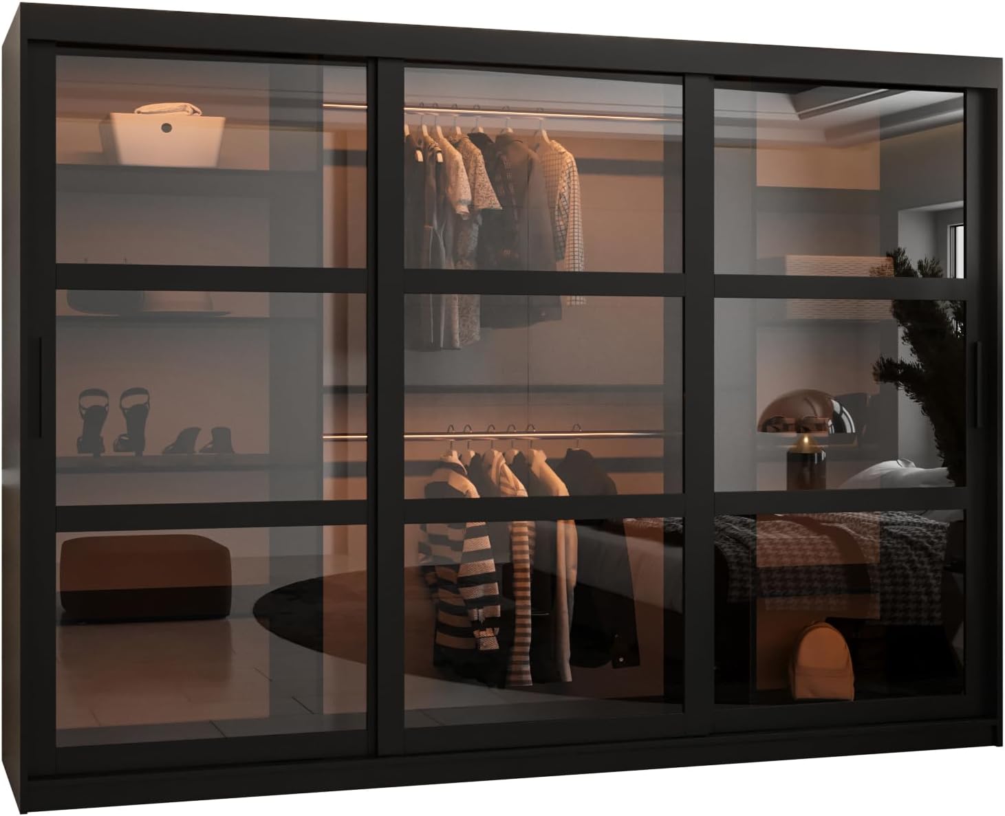 ABIKSMEBLE DOME Wardrobe with Three Sliding Doors, Bars and Shelves – Storage Cabinet with Smoked Glass for Bedroom, Living Room – 200 x 250 x 62 cm – Black, Black, Black