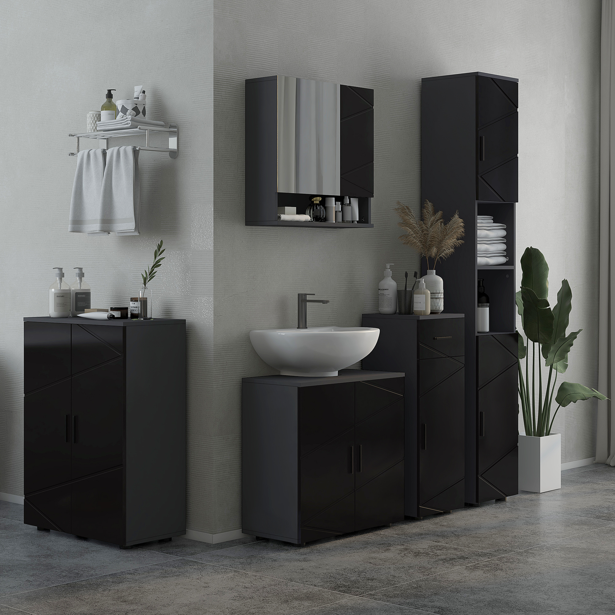 Kleankin Badezimmerschrank mit Spiegel und verstellbaren Regalen aus Holz, 55x17x55cm, Schwarz