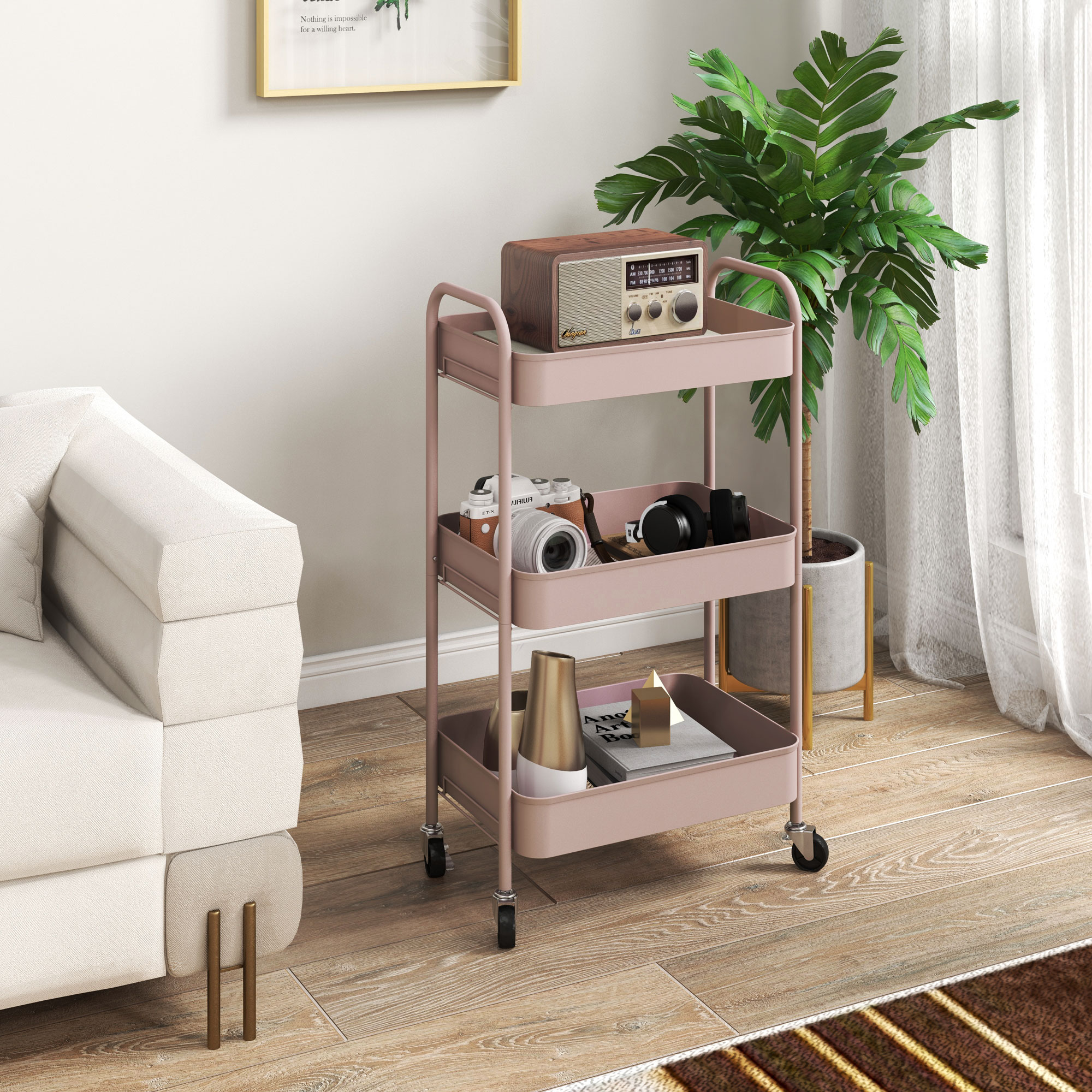 HOMCOM Küchenwagen mit 3 Ebenen, mit Griffen und 4 Rollen, aus Stahl, 45x30,6x79 cm, Rosa