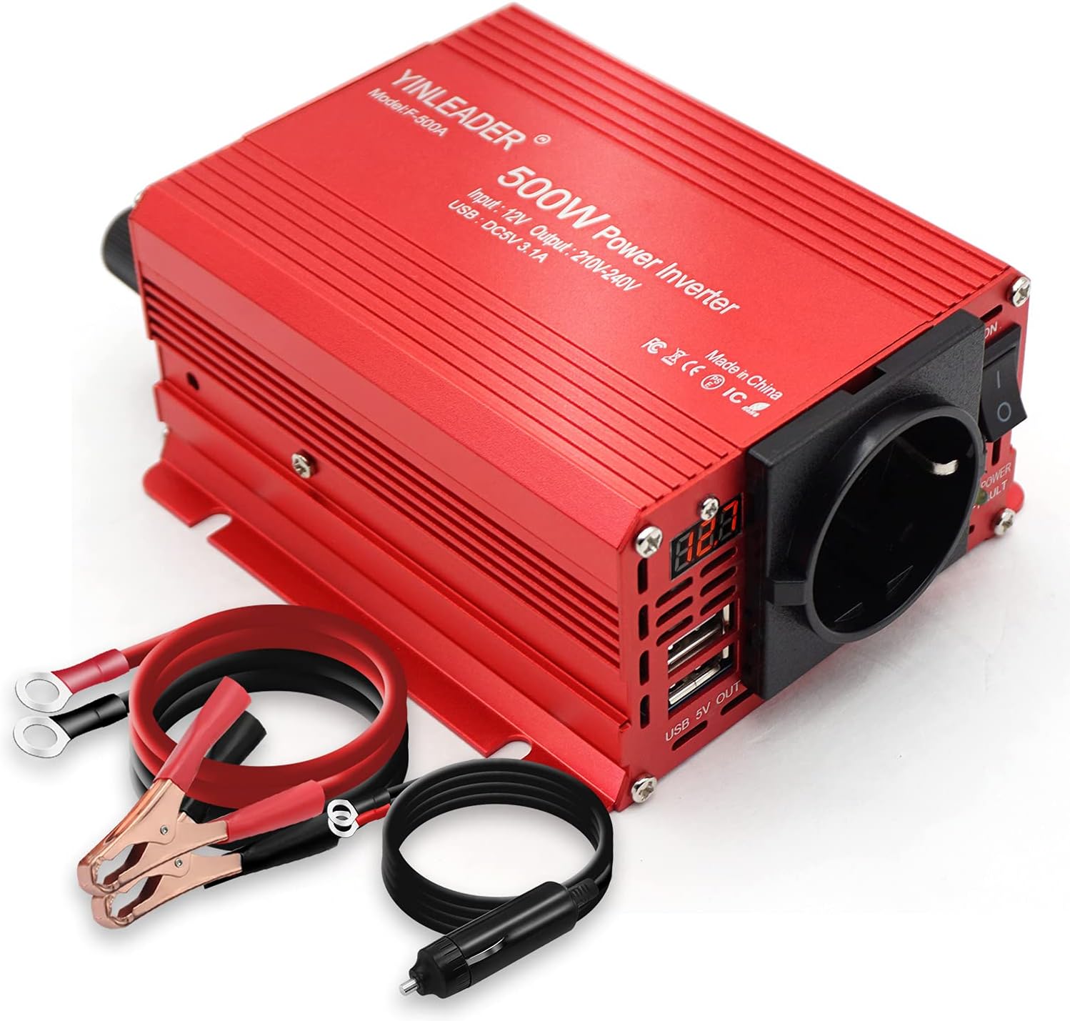 Yinleader Inverter 500W 12v 220v LED, Power Inverter di Potenza 500W DC 12V AC 230V Invertitore di Corrente con 2 Porte USB 2.4A, Trasformatore per Auto Camper tablet phone fan Computer