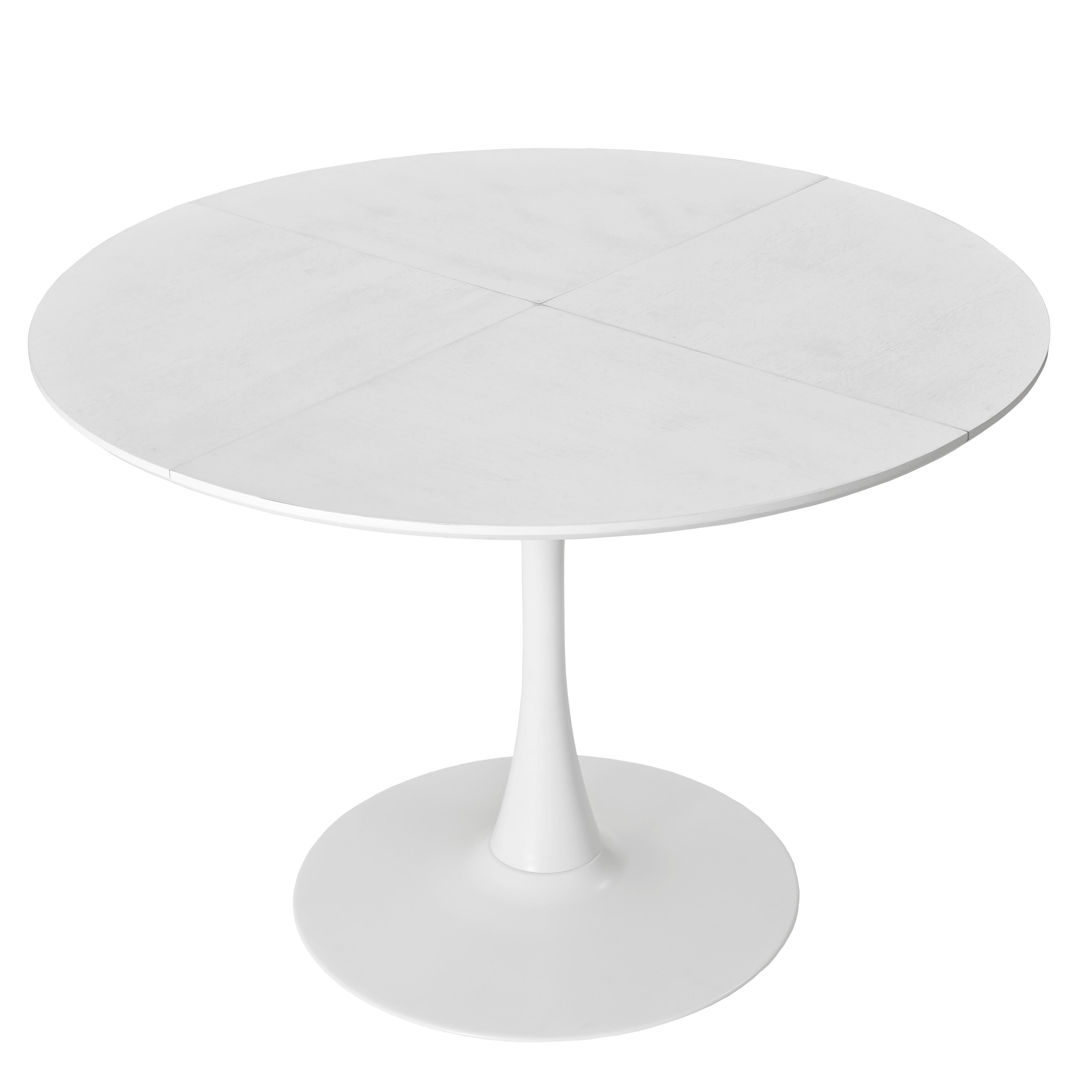 Moderner Runder Esstisch, Vier Patchwork-Tischplatten, Metallbasis, 120×120×75 cm, Weiß