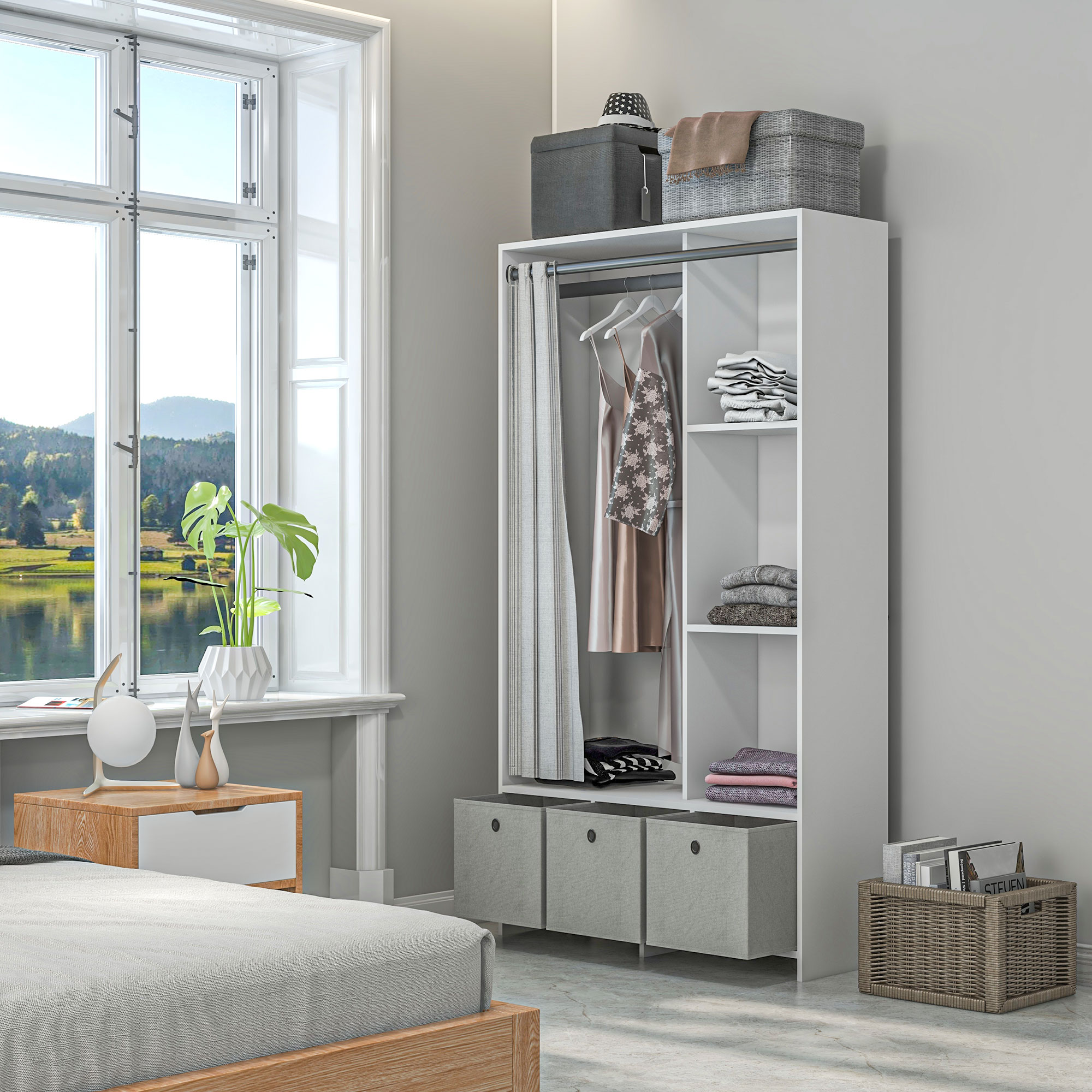 HOMCOM Kleiderschrank Kleiderschrank mit Stange Vorhängen 3 herausnehmbare Stoffschubladen 105 x 48 x 160 cm weiß