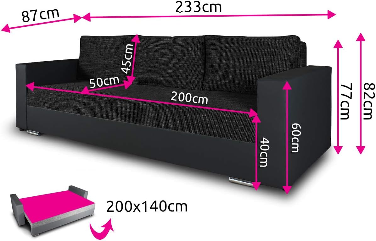 Schlafsofa Bird - Sofa mit Schlaffunktion und Bettkasten, Klappsofa, Schlafcouch mit Chromfüße, Couch, Couchgarnitur, Sofagarnitur (Schwarz + Grau (Dolaro 08 + Berlin 01))